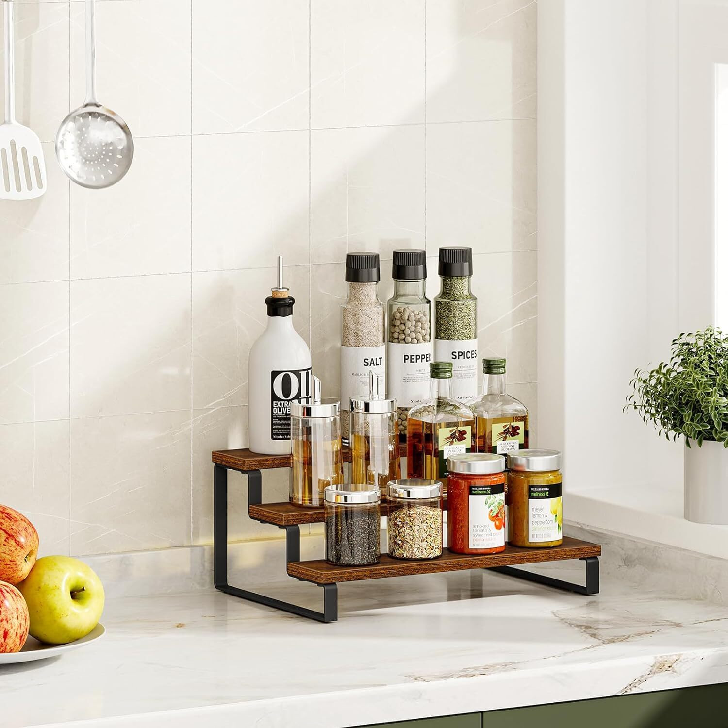 Image of DWHANDICRRAFT Containers Kitchen Rack Wood 3-Tier Engineer Wood Spice Rack for Kitche Countertop