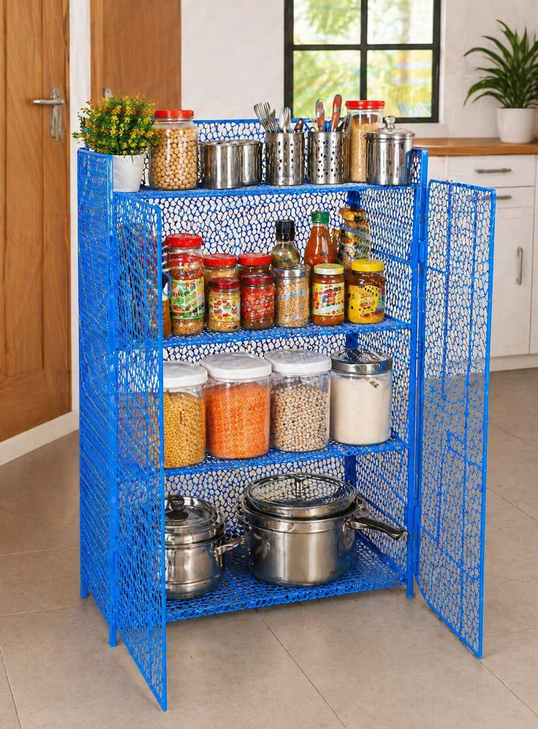Image of Unityenterprise Fruits /Vegetables Kitchen Rack Metal Mesh Storage Cabinet 4 Layer Storage Rack (Blue) Steel