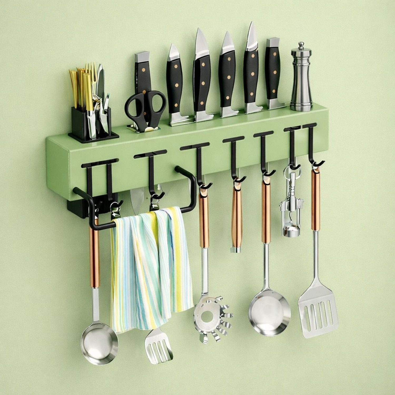 Image of Yaadgar Cutlery Kitchen Rack Plastic Smart Wall Mounted Plastic Kitchen Rack with Knife Holder and Hooks [GREEN]