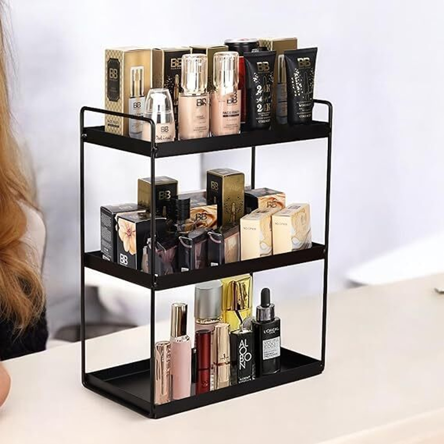 Image of CrystalCraftss Containers Kitchen Rack Iron 3 Tier Metal Storage Rack Multipurpose Kitchen Cosmetic Organizer Black