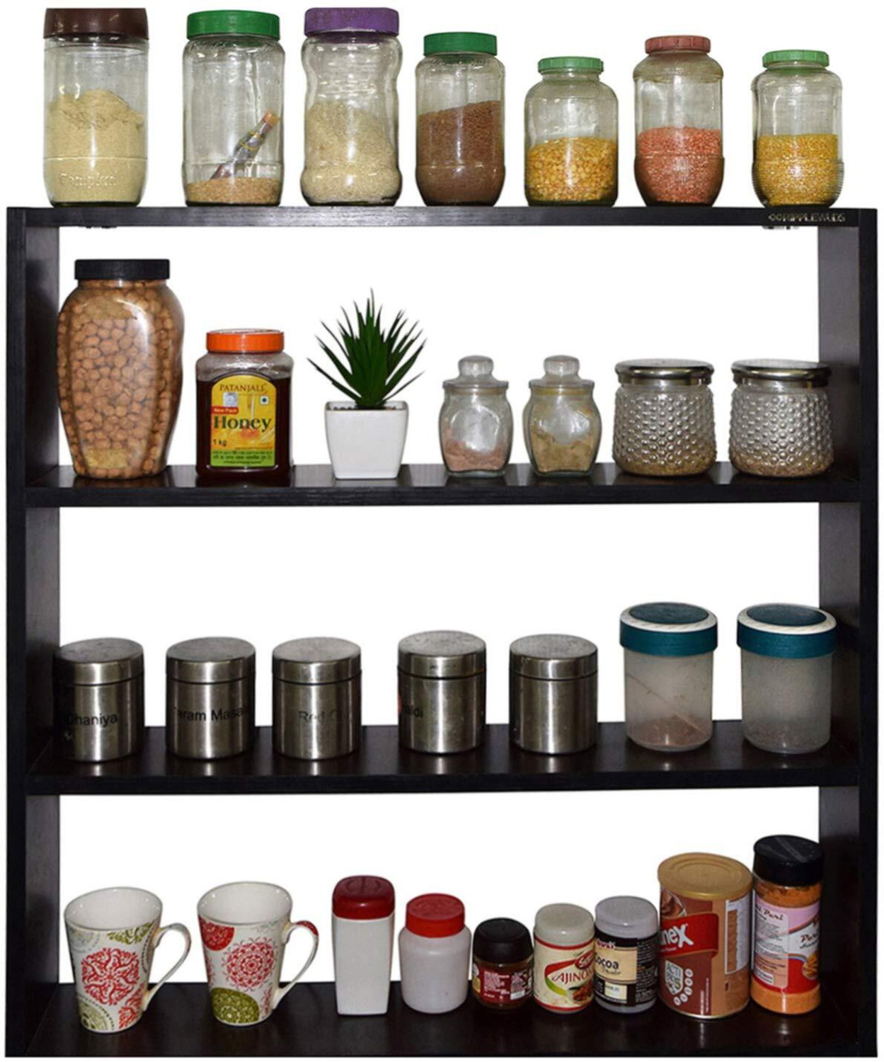Image of Carvedcreations Containers Kitchen Rack Wood Kitchen Rack Organizer for Spices, Jars, Mugs, and Essentials Wood