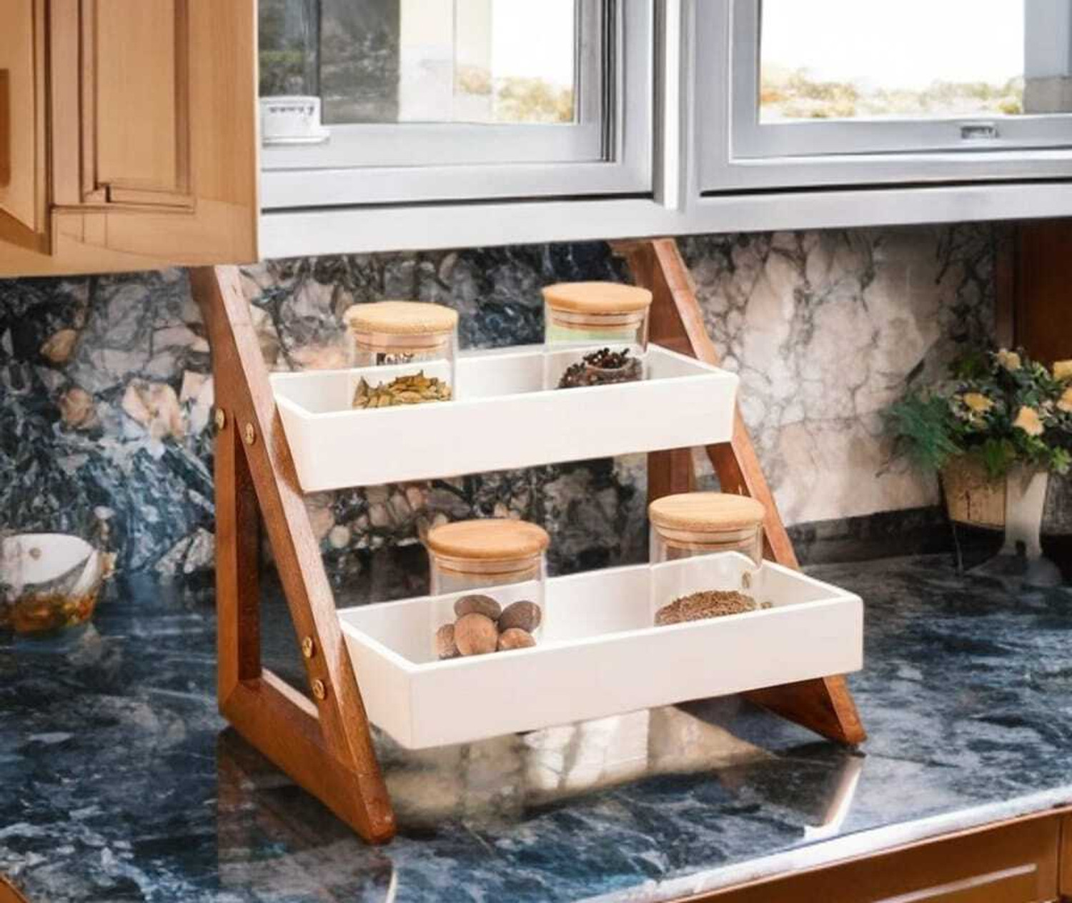 Image of RAHUL SRE HANDICRAFTS Containers Kitchen Rack Wood Triangular Spice Rack - 2-Tier Kitchen Countertop Organizer & Storage Shelves