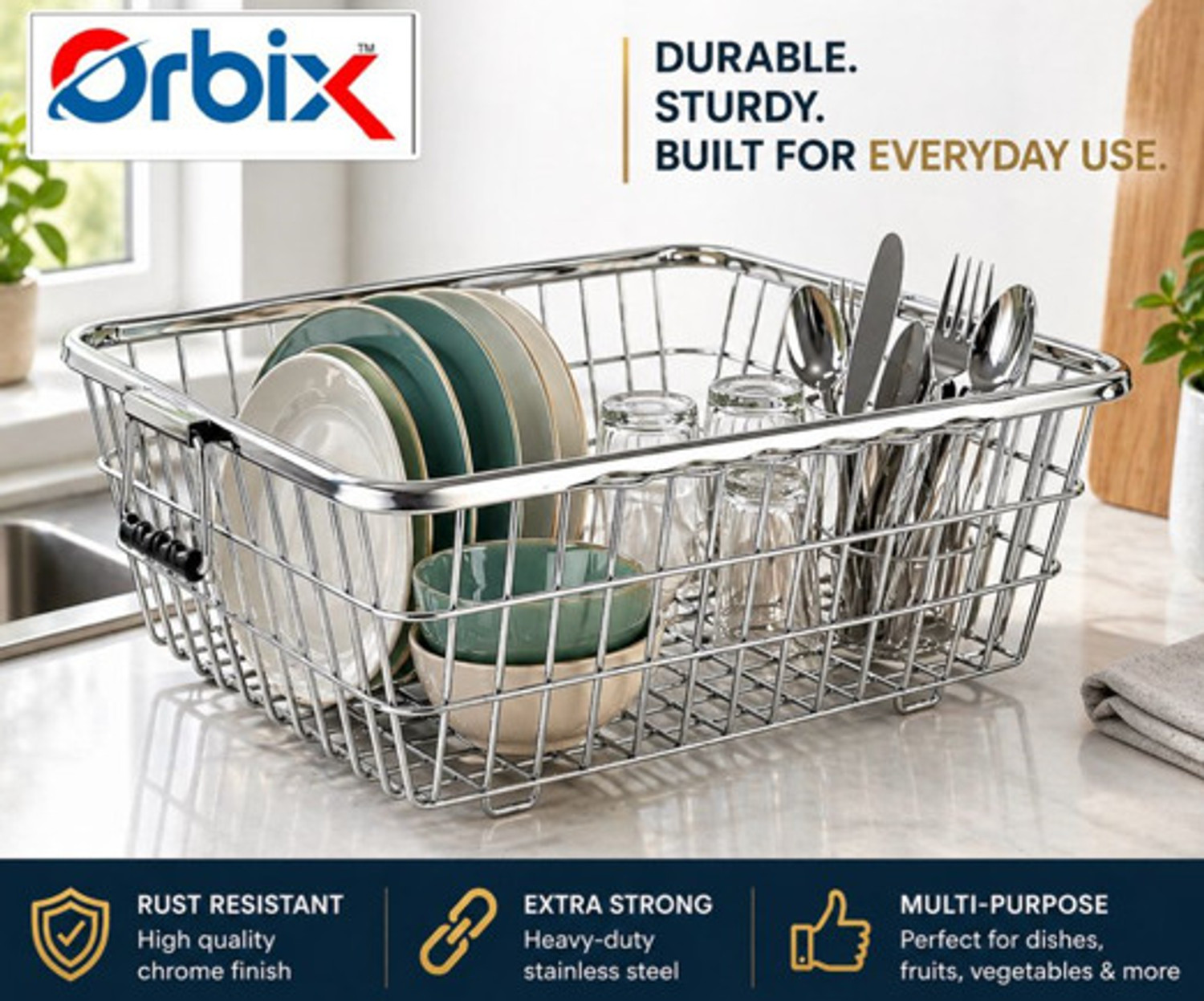 Image of Orbix Containers Kitchen Rack Steel dish drainer rust proof utensil rack and heavy duty kitchen organizer