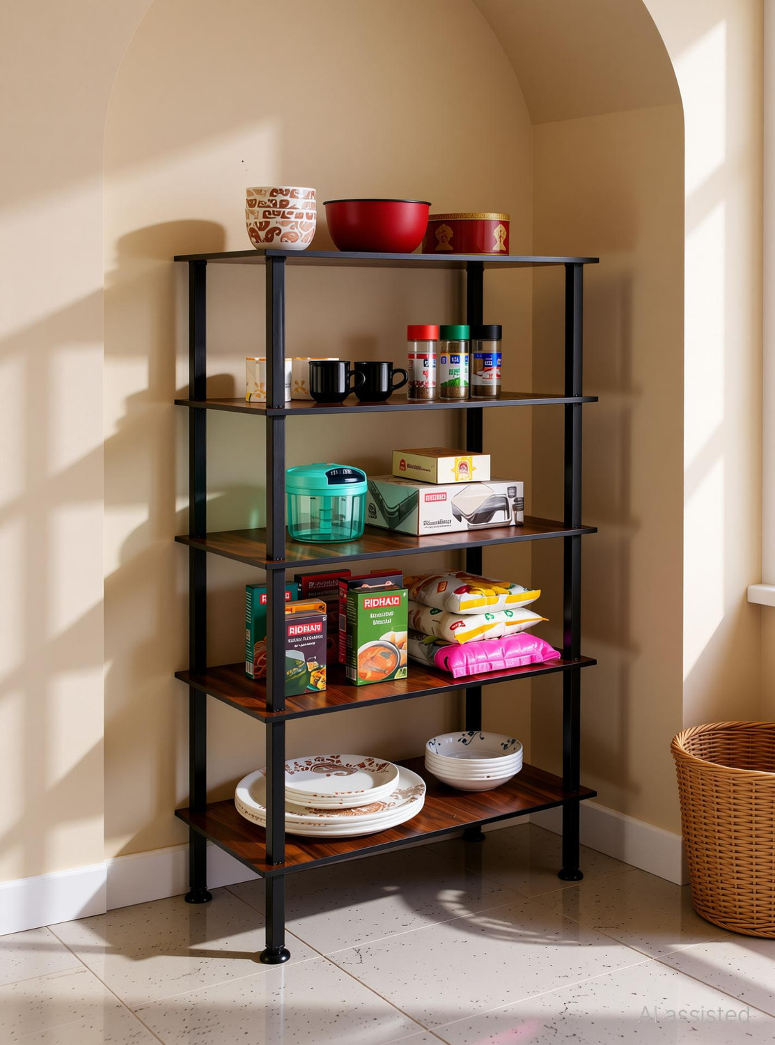 Image of RIDHAAN Utensil Kitchen Rack Wood, Carbon Steel Ridhaan Mart 5 Shelves Multipurpose Wood And Metal Kitchen Rack