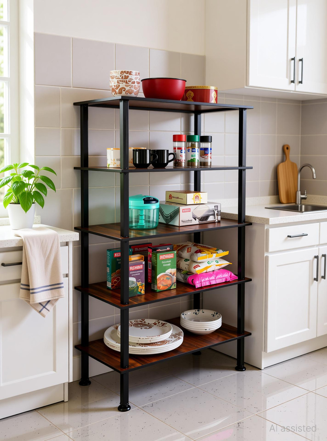 Image of RIDHAAN Utensil Kitchen Rack Wood, Carbon Steel Ridhaan Mart 5 Shelves Multipurpose Wood And Metal Kitchen Rack
