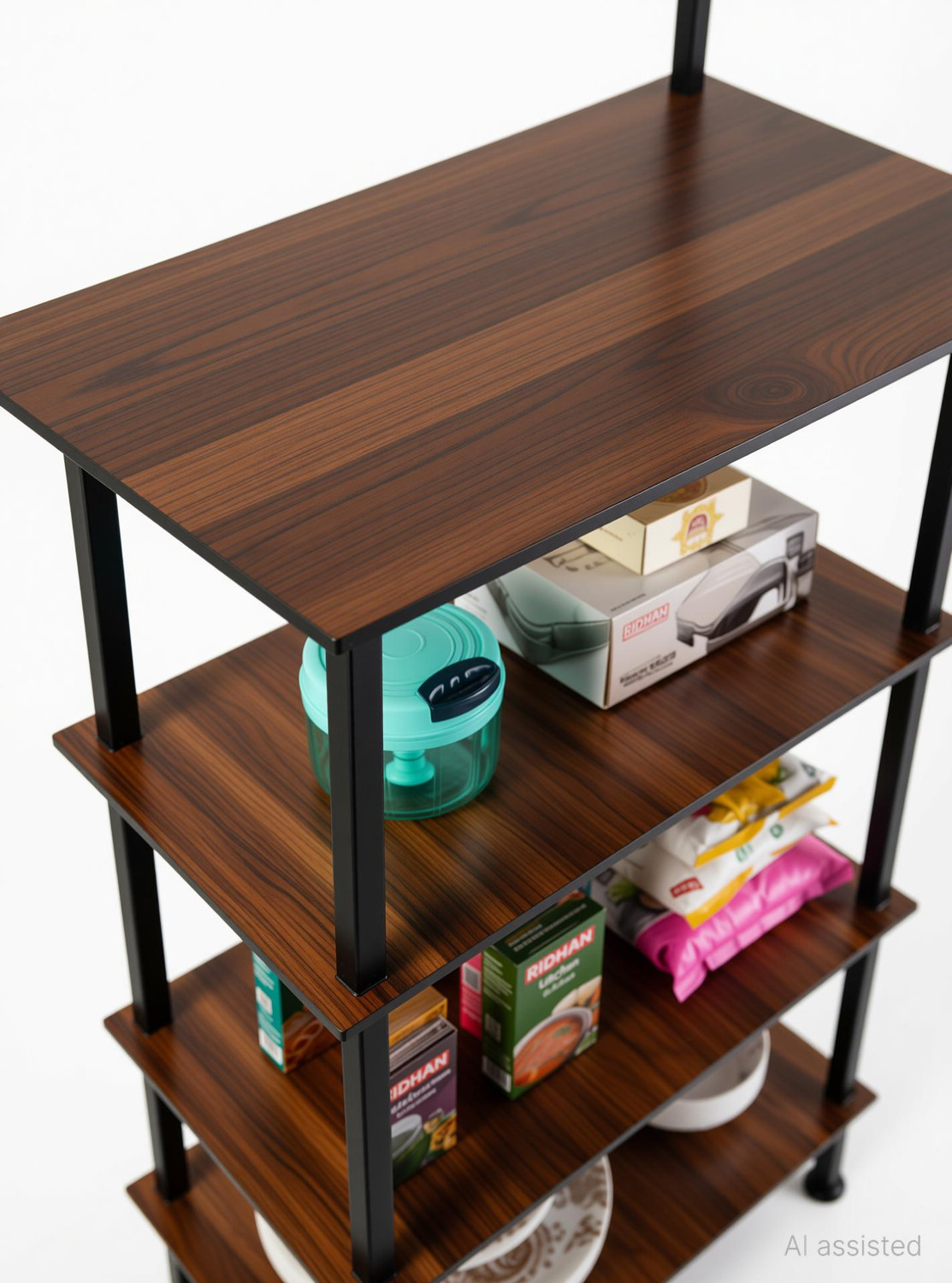 Image of RIDHAAN Utensil Kitchen Rack Wood, Carbon Steel Ridhaan Mart 5 Shelves Multipurpose Wood And Metal Kitchen Rack