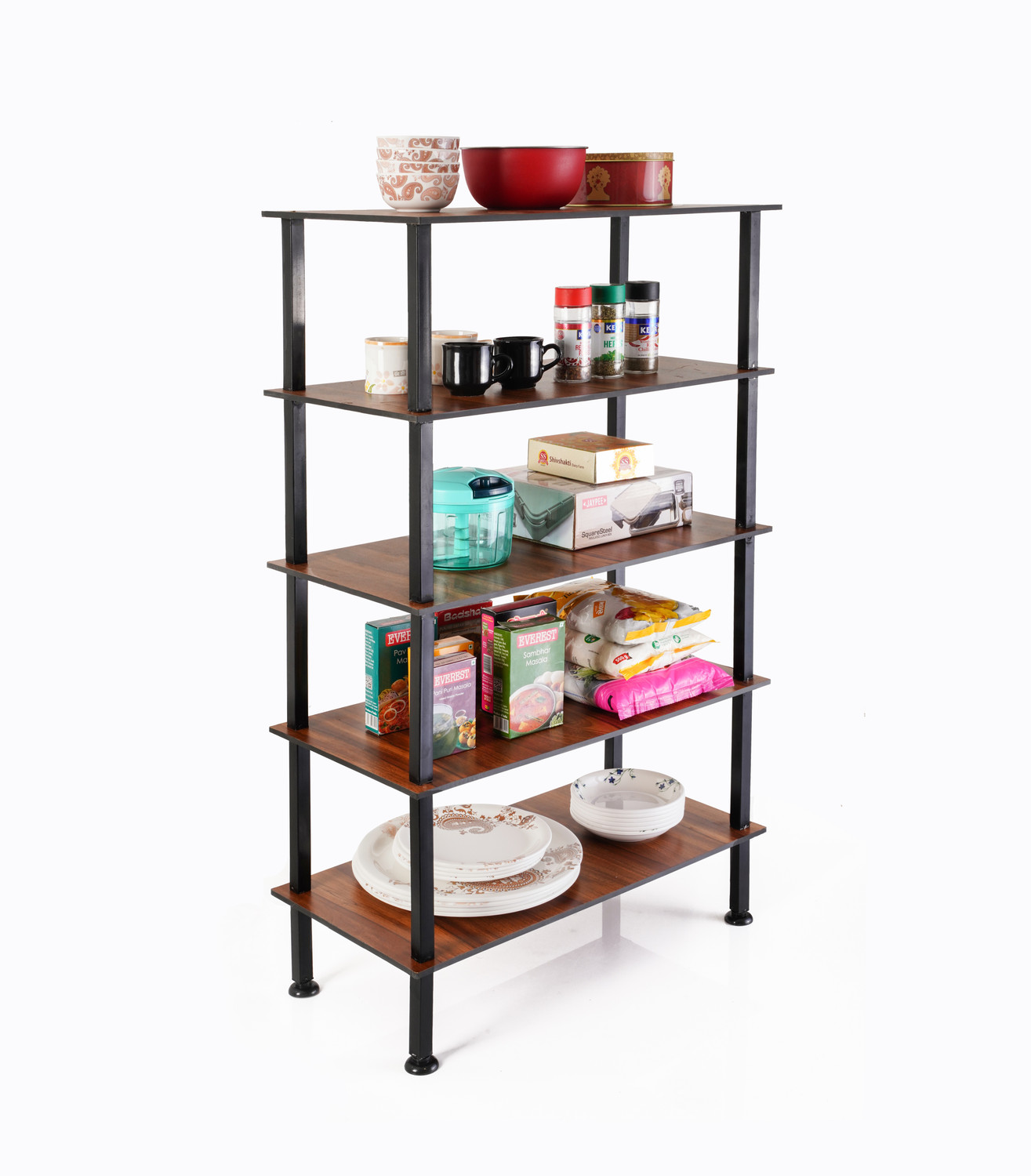 Image of RIDHAAN Utensil Kitchen Rack Wood, Carbon Steel Ridhaan Mart 5 Shelves Multipurpose Wood And Metal Kitchen Rack