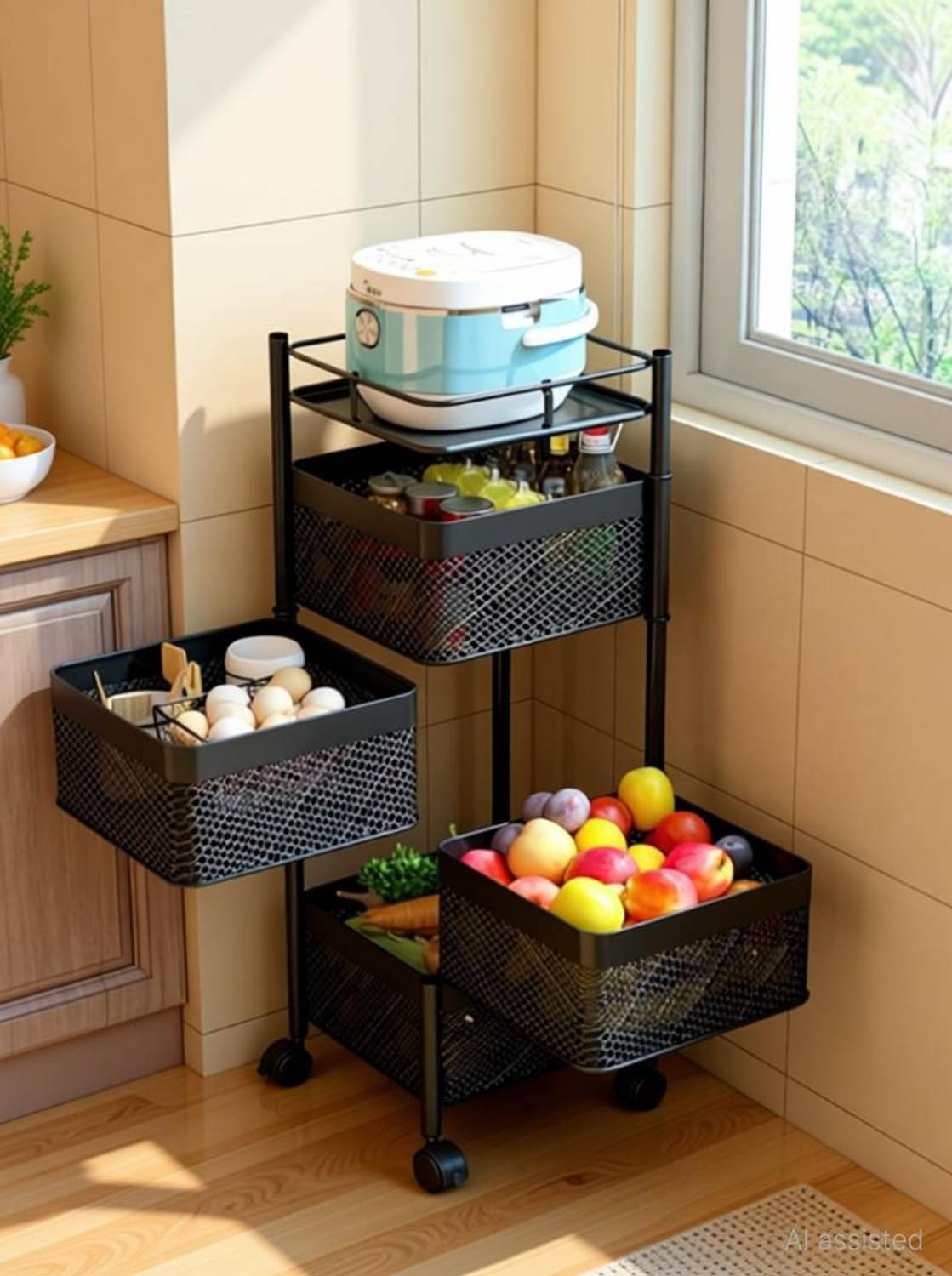 ADMIN INDUSTRIES Fruits/Vegetables Kitchen Rack Steel Kitchen Rack Square Design for Fruits & Vegetable Trolley with Wheels