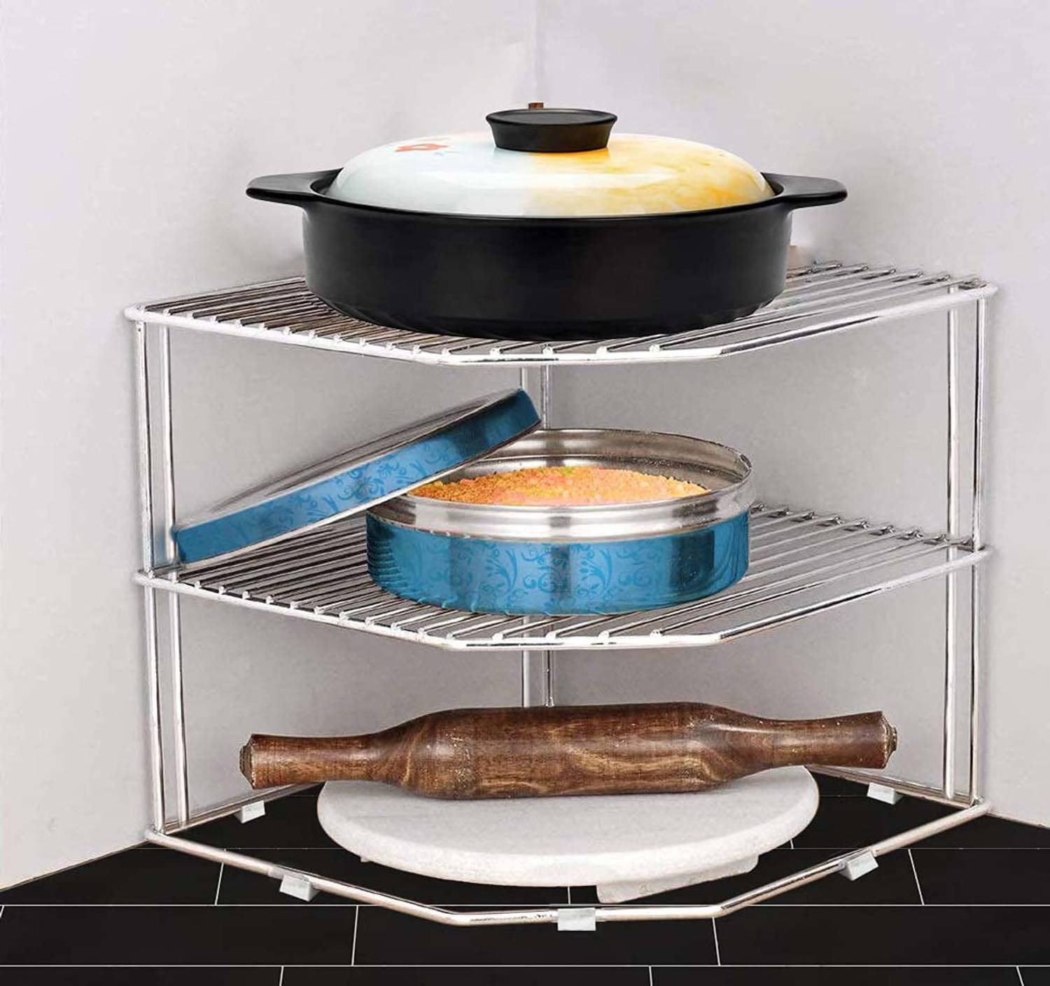 AADITYA Chakla/Belan Kitchen Rack Steel Stainless Steel Multipurpose 2-Tier Kitchen Corner Rack/Storage Shelf/Dish Rack