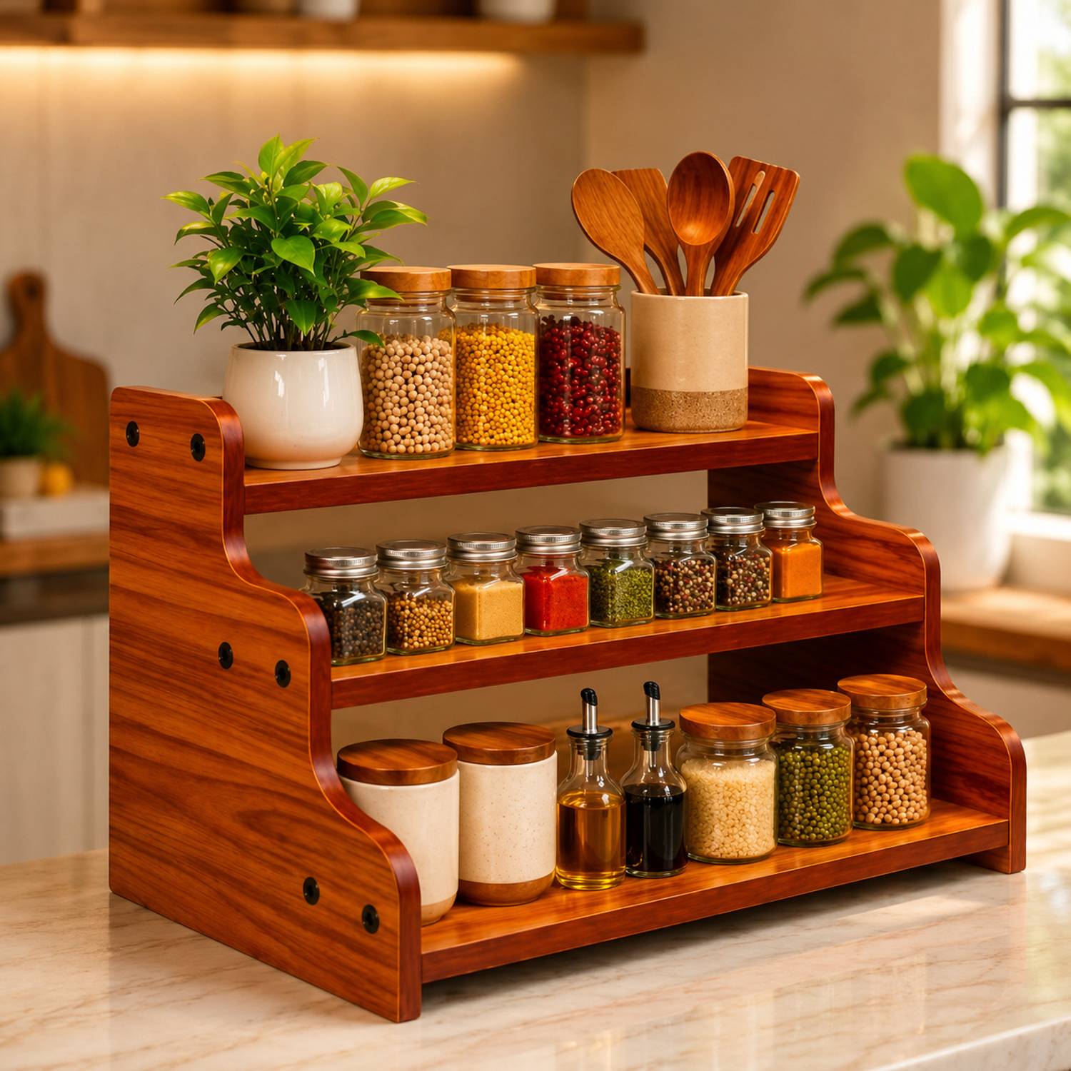 DoonCrafts Containers Kitchen Rack Wood DoonCrafts Containers Kitchen Rack 3 Tier Wooden Masala Rack for Kitchen Wood — Kitchen Organizers & Racks
