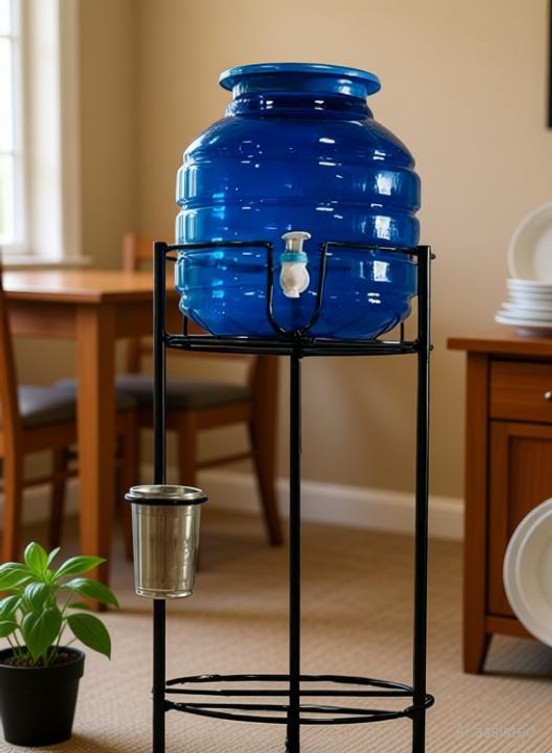 Image of GREEN TOUCH Water Dispenser Kitchen Rack Iron Sturdy Water Dispenser with Blue Container and Metal Stand