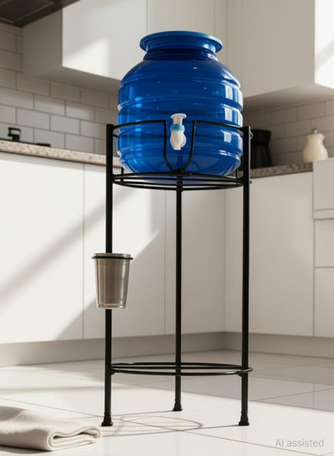 Image of GREEN TOUCH Water Dispenser Kitchen Rack Iron Sturdy Water Dispenser with Blue Container and Metal Stand