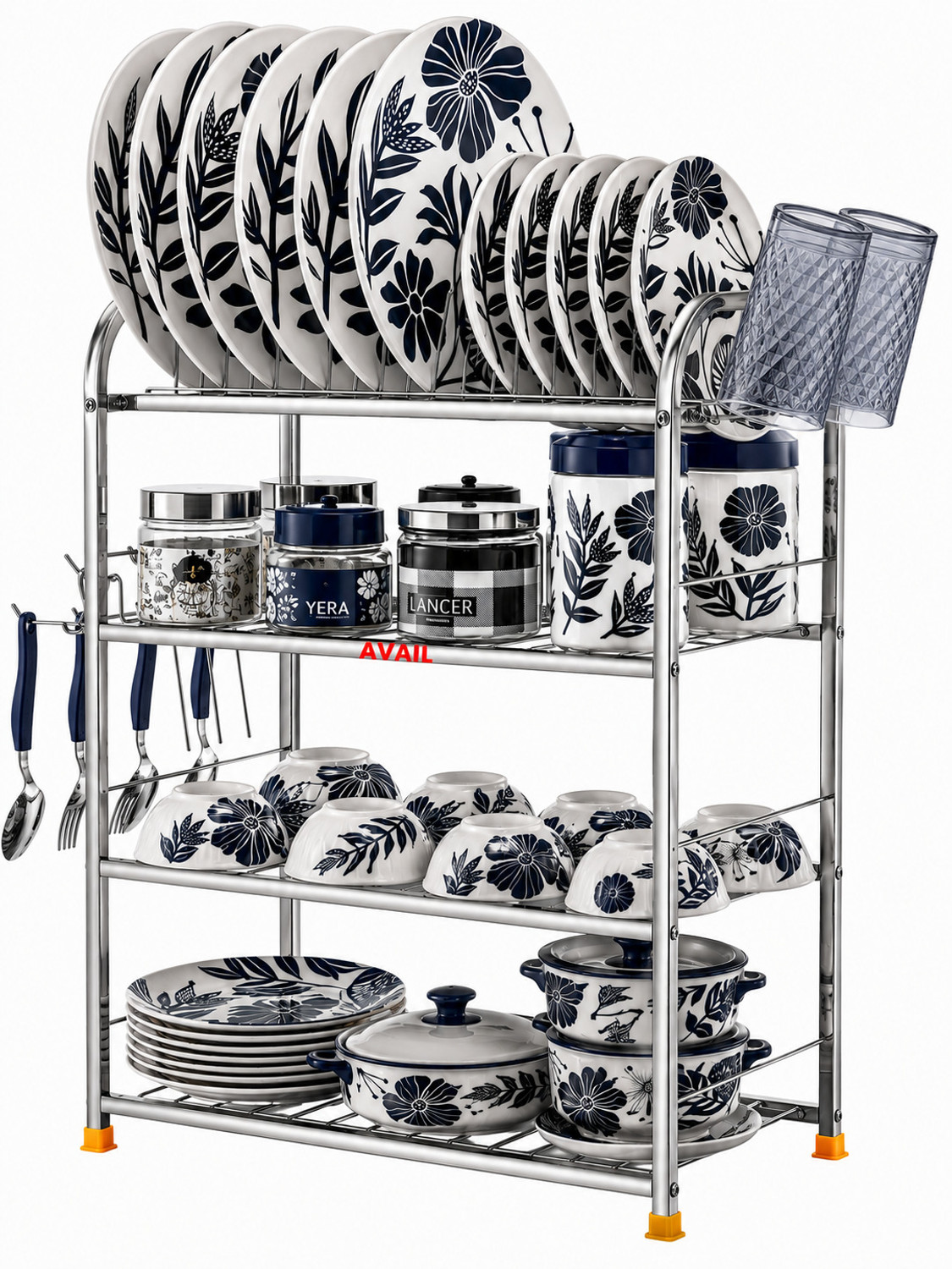 Image of AVAIL Utensil Kitchen Rack Steel Steel Kitchen Rack 4 lAYER Utensil Kitchen Rack Steel Wall Mount Rack(24x18)