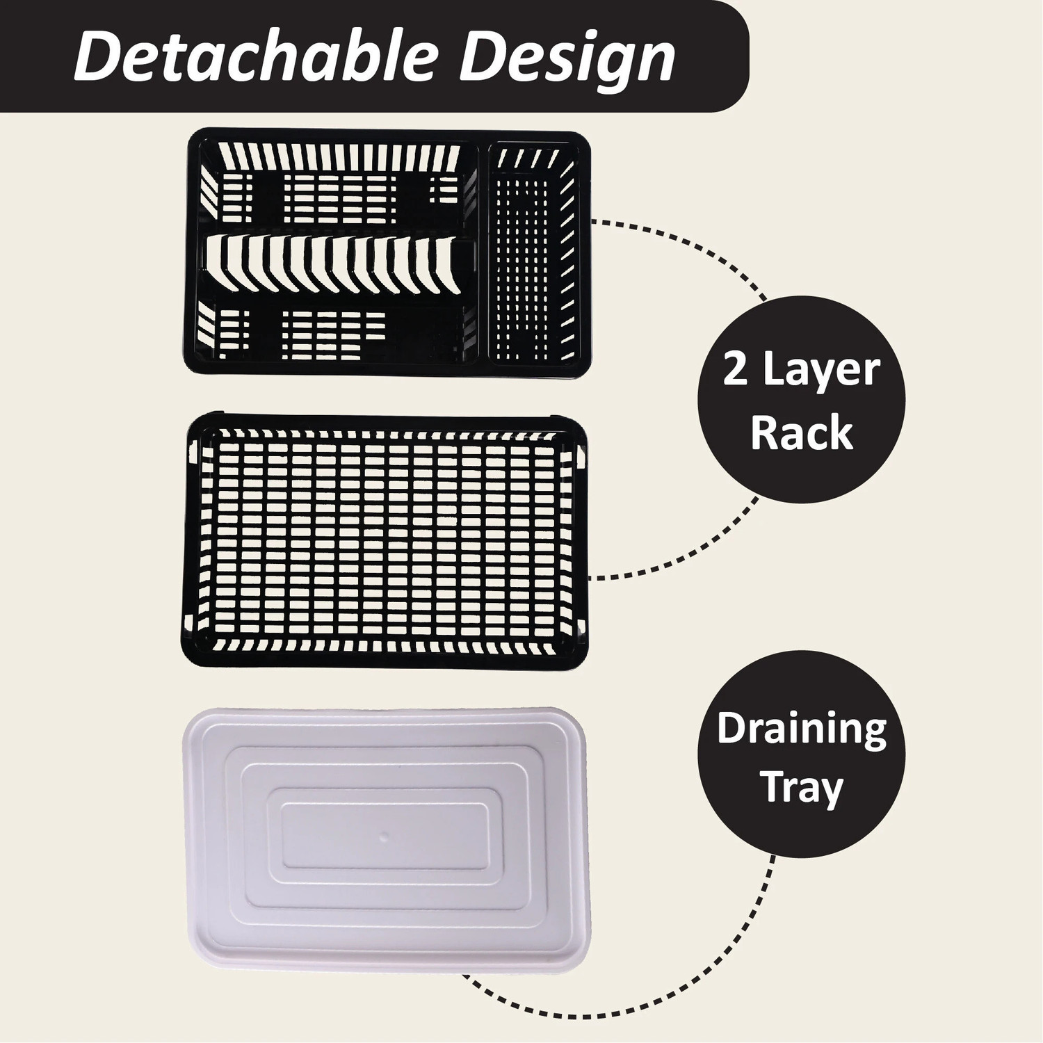 Image of Heart Home Dish Drainer Kitchen Rack Plastic Plastic 2-Tier Dish Drainer Storage Rack for Kitchen | Black & White