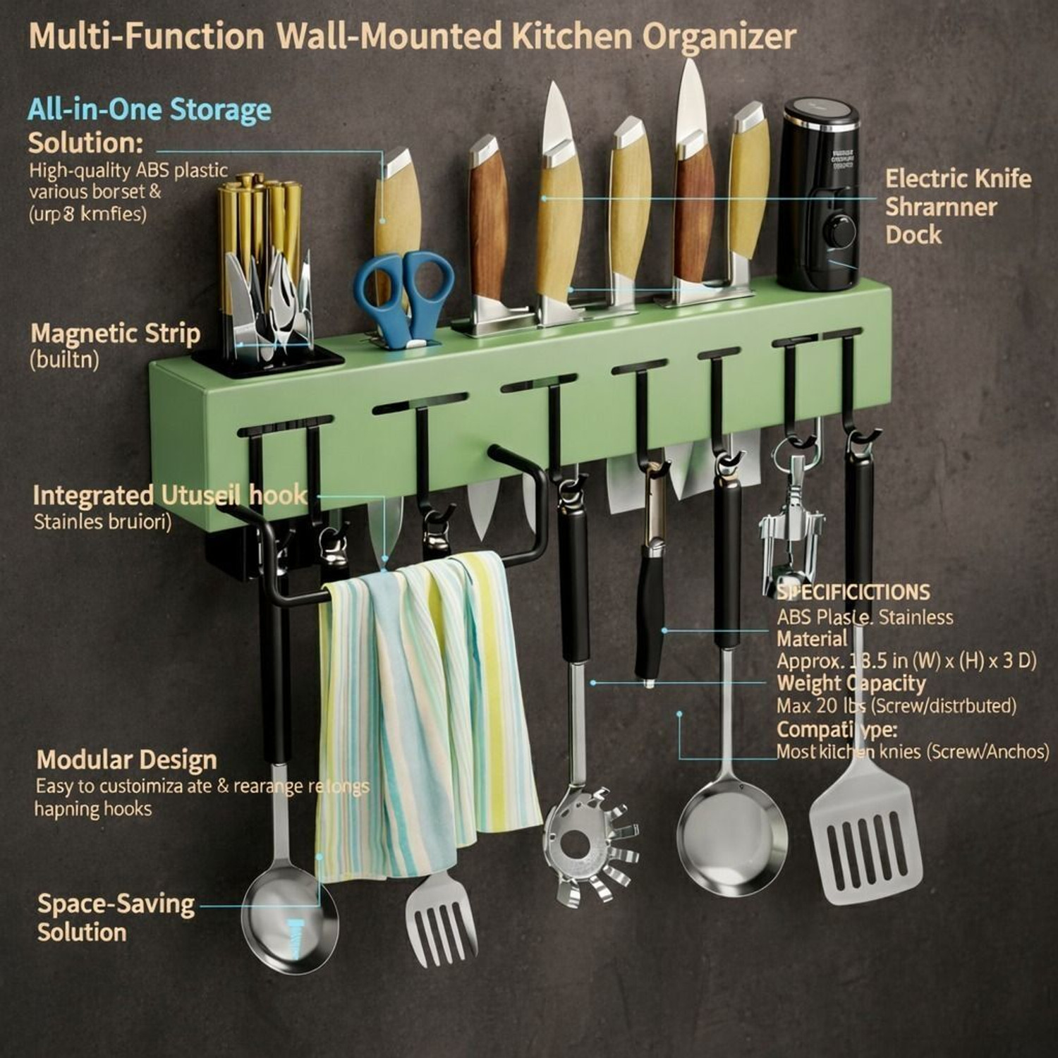 Image of Yaadgar Cutlery Kitchen Rack Plastic Smart Wall Mounted Plastic Kitchen Rack with Knife Holder and Hooks [GREEN]