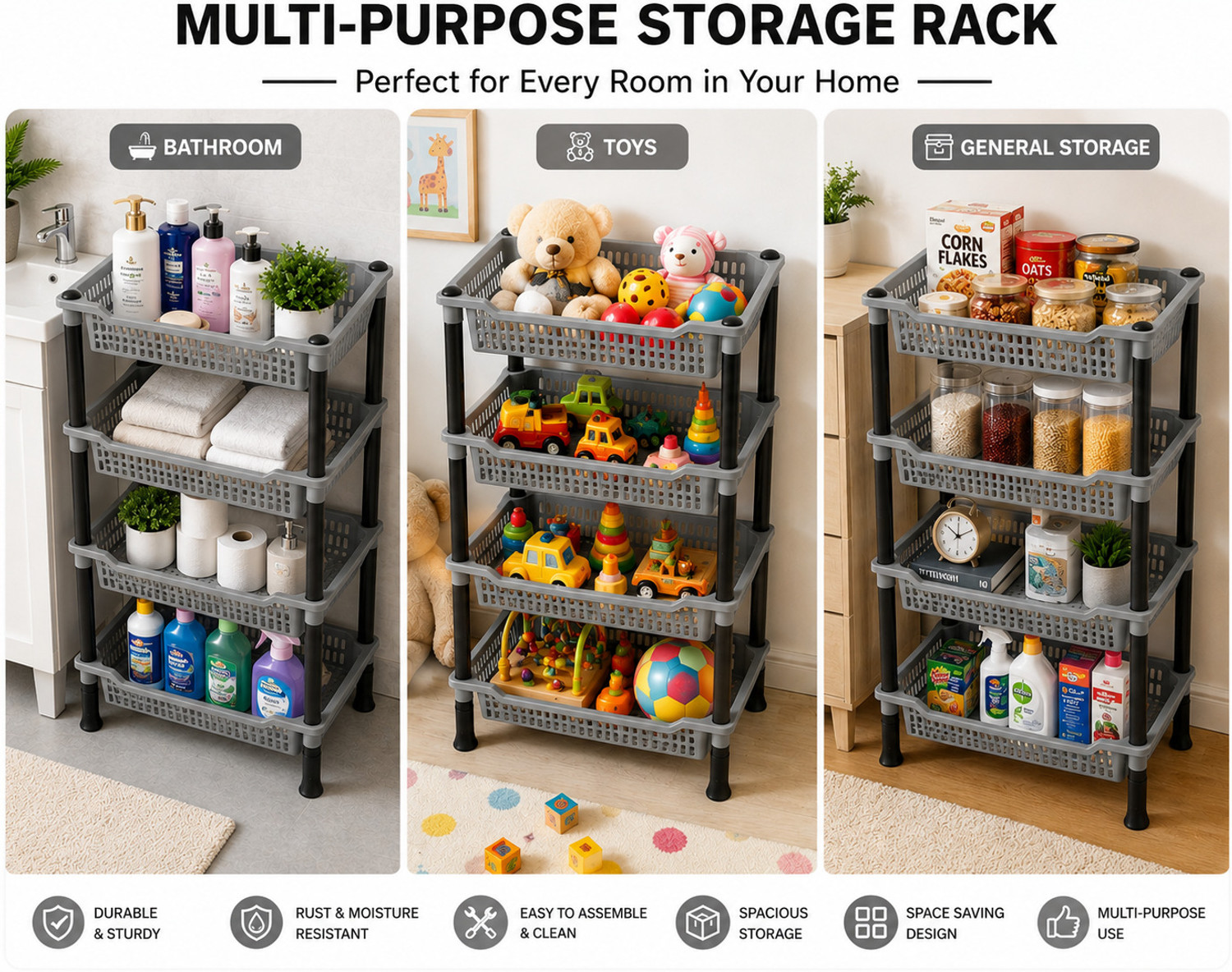 Image of DM PLUS Fruits /Vegetables Kitchen Rack Plastic 4 Tier Multipurpose Plastic Storage Rack | GREY