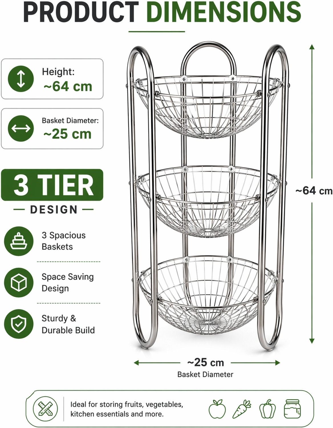 Image of KitchenAura Fruits /Vegetables Kitchen Rack Stainless Steel 3 Tier Fruit & Vegetable Basket Stand Steel