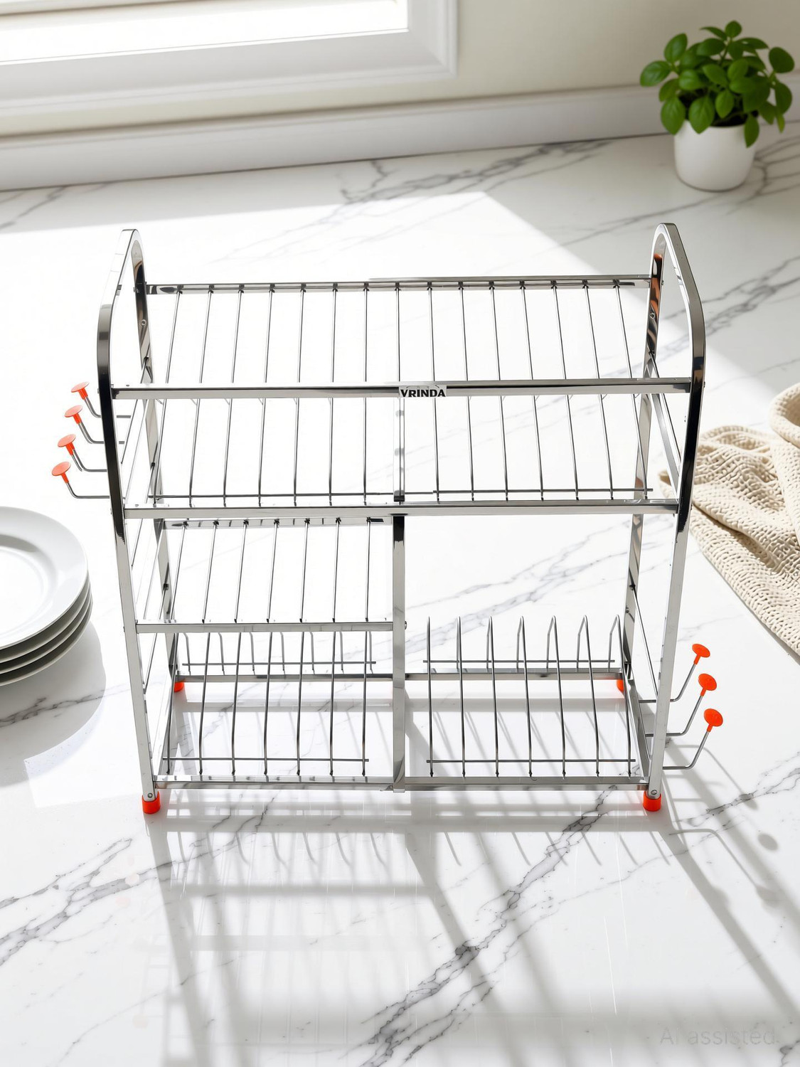 Image of SHREE VRINDA SALES Utensil Kitchen Rack Steel Stainless Steel 4-Tier Kitchen Organizer Rack | Wall-Mount Dish & Utensil Rack