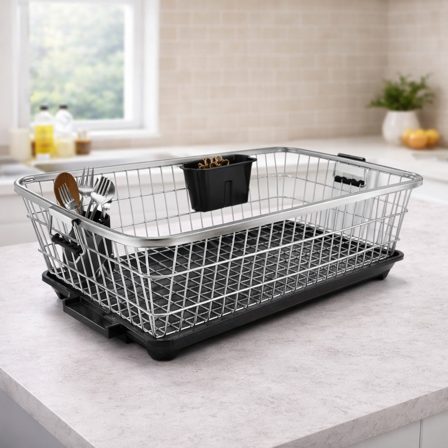 Image of VIROVIA Dish Drainer Kitchen Rack Steel Dish Drying Rack Steel with Tray & Spoon Holder Kitchen Organizer