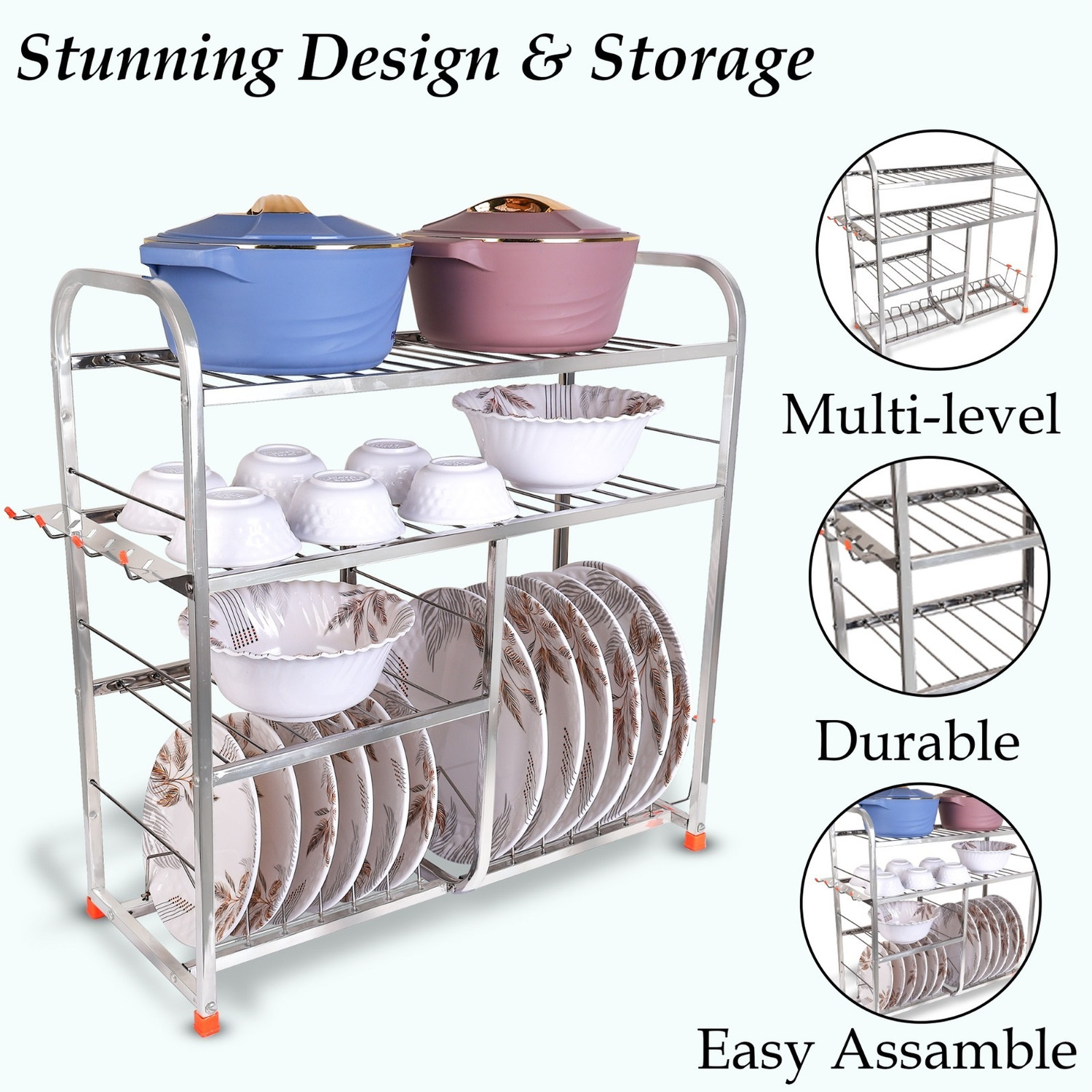 Image of SHREE VRINDA SALES Utensil Kitchen Rack Steel Stainless Steel 4-Tier Kitchen Organizer Rack | Wall-Mount Dish & Utensil Rack