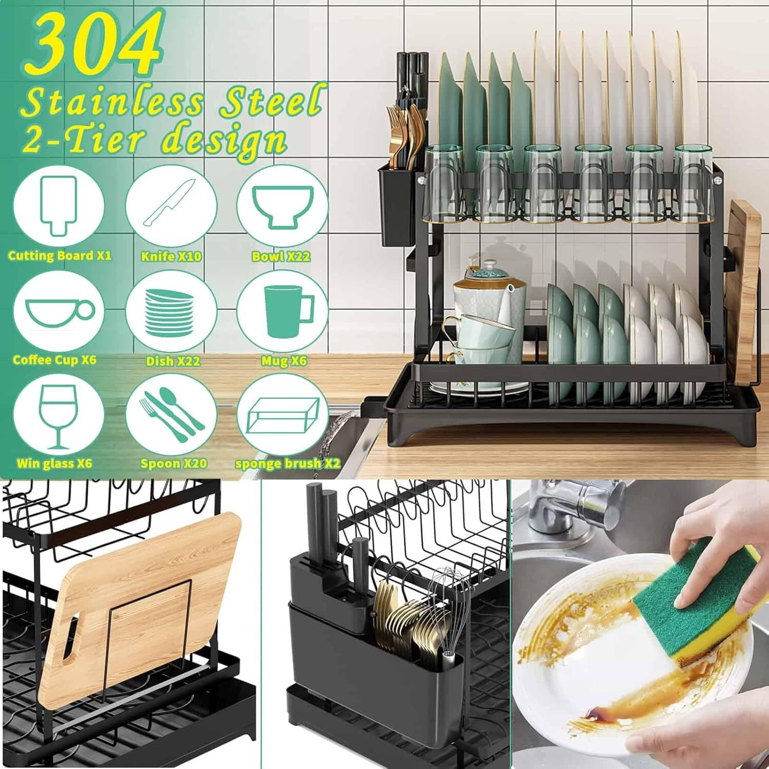 Image of ZENOVIA Dish Drainer Kitchen Rack Steel Black 2-Tier Dish Drying Rack & Kitchen Organizer with Drain Tray & Holders