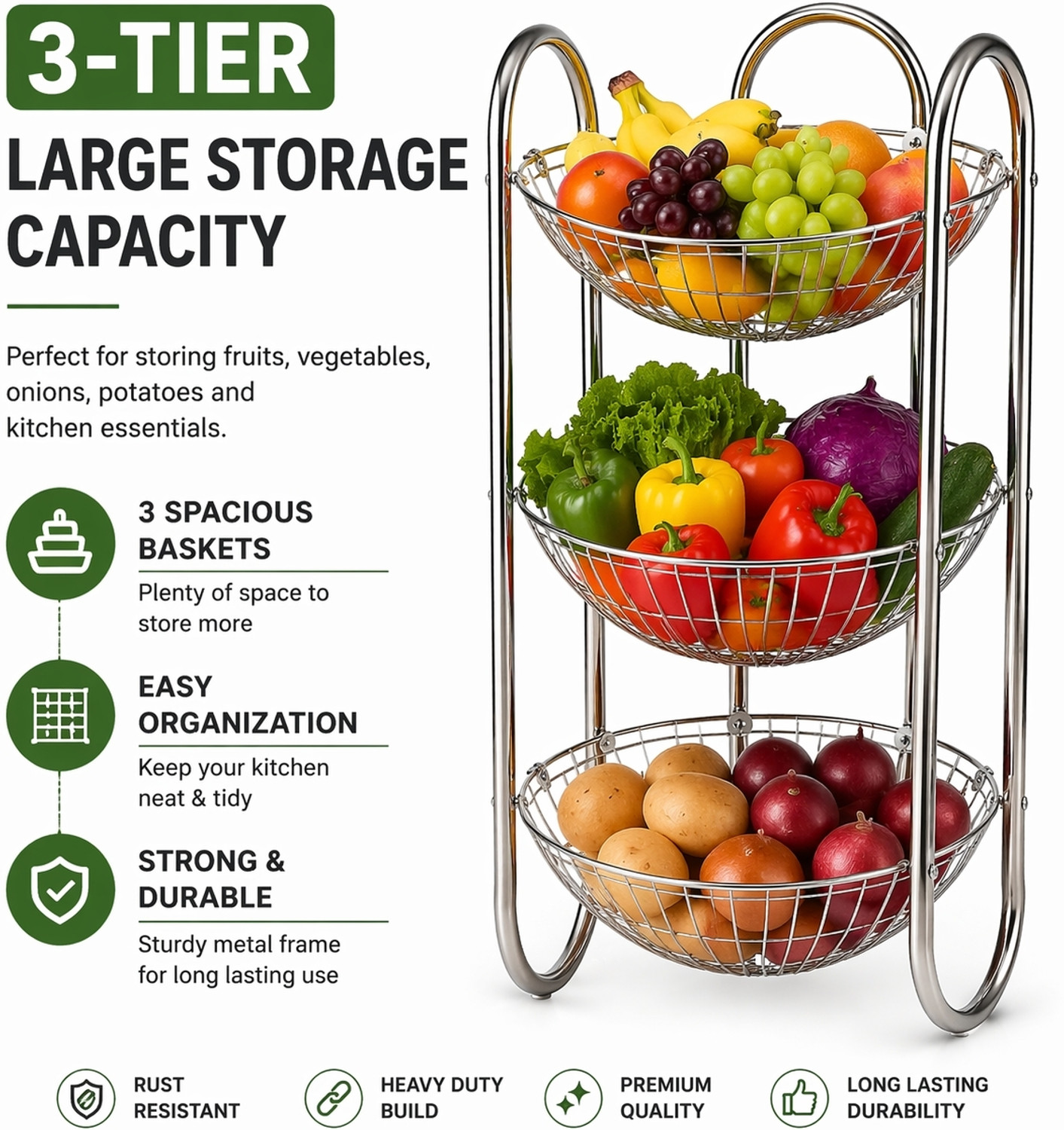 Image of KitchenAura Fruits /Vegetables Kitchen Rack Stainless Steel 3 Tier Fruit & Vegetable Basket Stand Steel