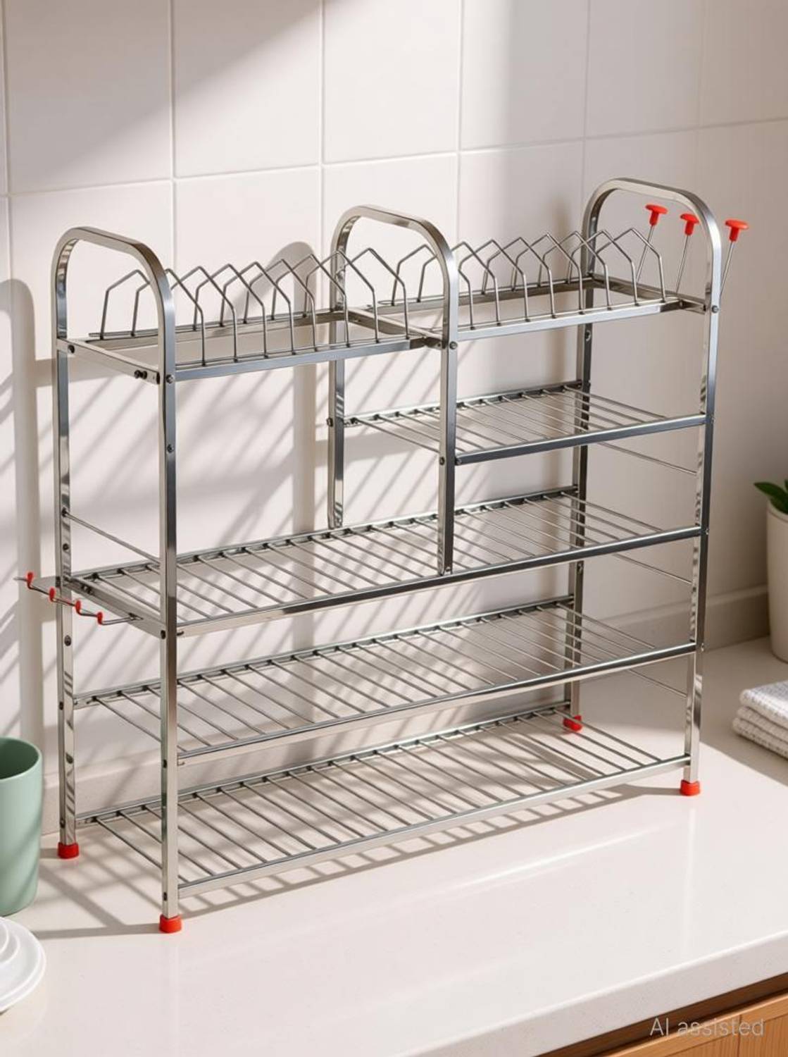 Zobby Utensil Kitchen Rack Steel Stainless Steel 5 Layer Wall Mount Kitchen Dish Rack | Utensils Rack with Plate & Cutlery Stand | Modular Kitchen Storage Rack | Kitchen Organizer (30 x 32 inches)