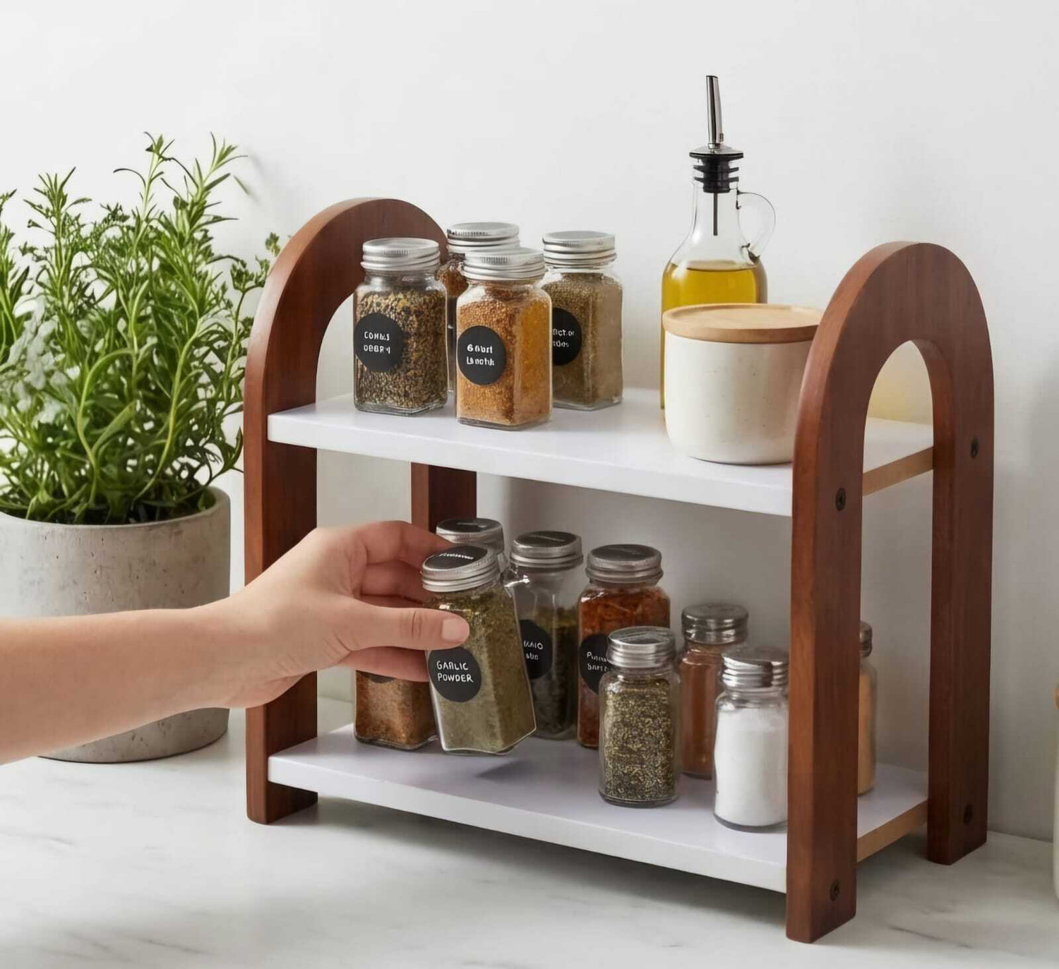 Image of Firebees Containers Kitchen Rack Wood 2 Tier Kitchen Spice Rack Organizer for Countertop