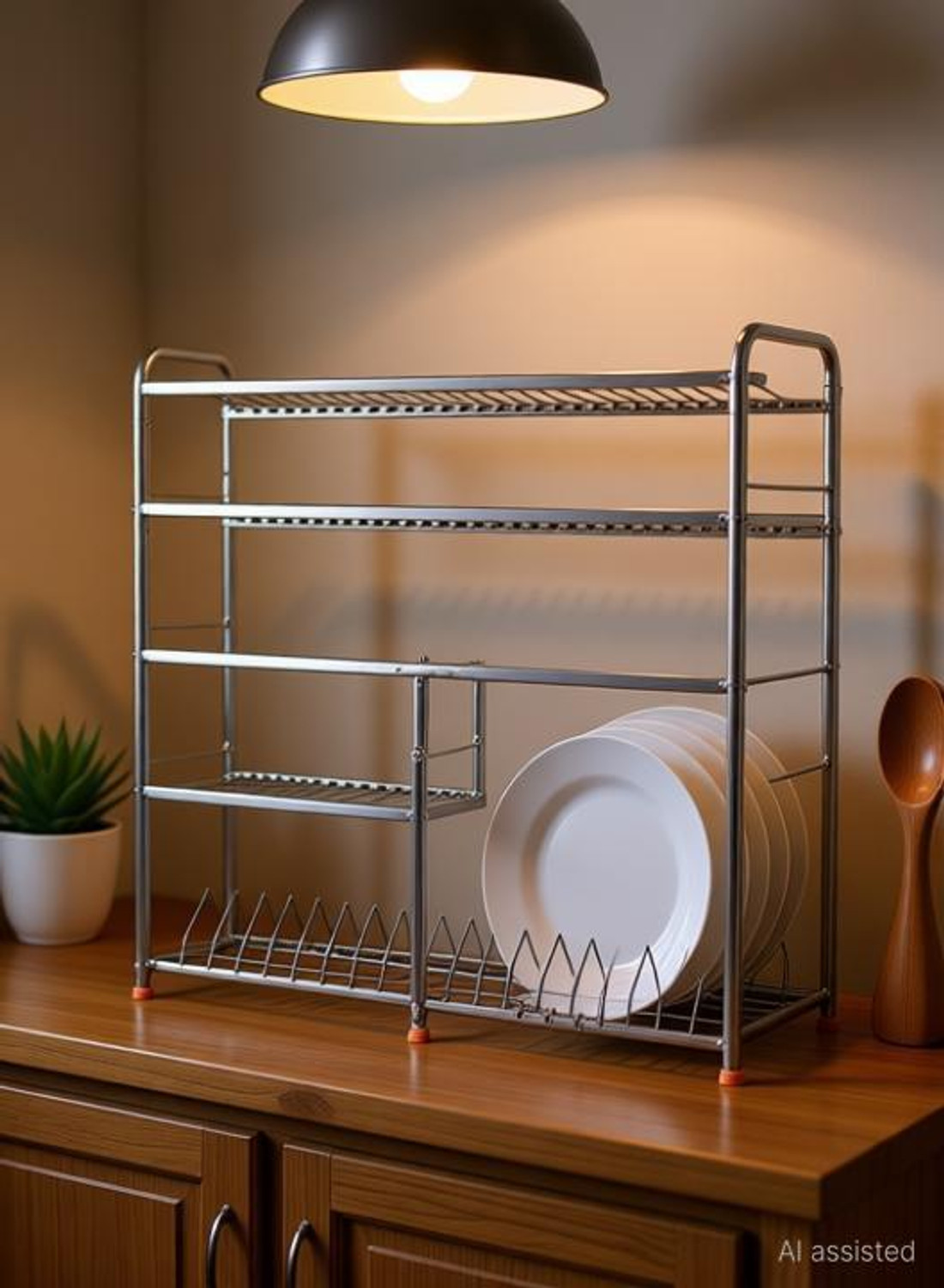 Image of USAENTERPRISES Utensil Kitchen Rack Kitchen Dish Rack /Kitchen Utensils Rack Modern Kitchen Storage Rack Kitchen Organizer Utensils Rack with Plate & Cutlery Stand (31X30 Steel Rack) Steel