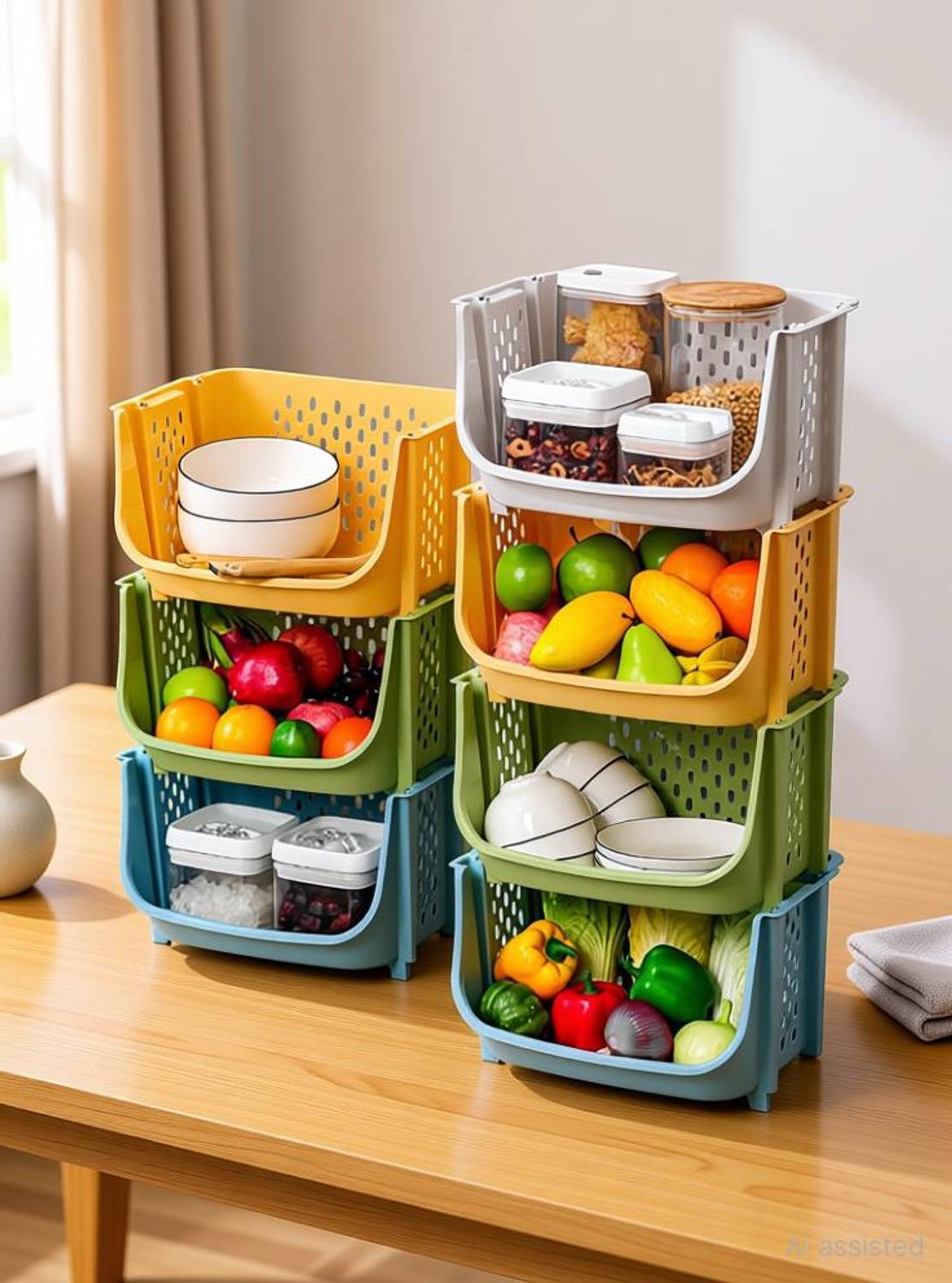 3D METRO SUPER STORE Fruits/Vegetables Kitchen Rack Plastic Fruit & Vegetable Kitchen Basket Multifunction Stackable Home Organizer Shelf