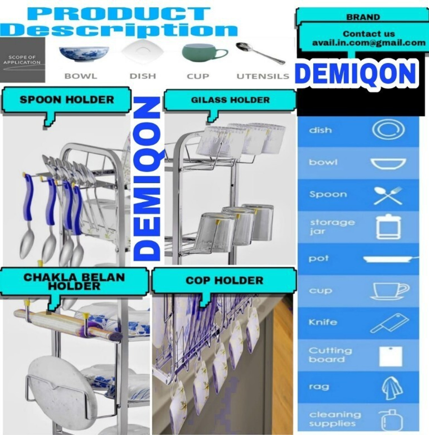 Image of DEMIQON Utensil Kitchen Rack Steel 5 Shelves Dish|Stand|Storage|31 x 30 Inch |
