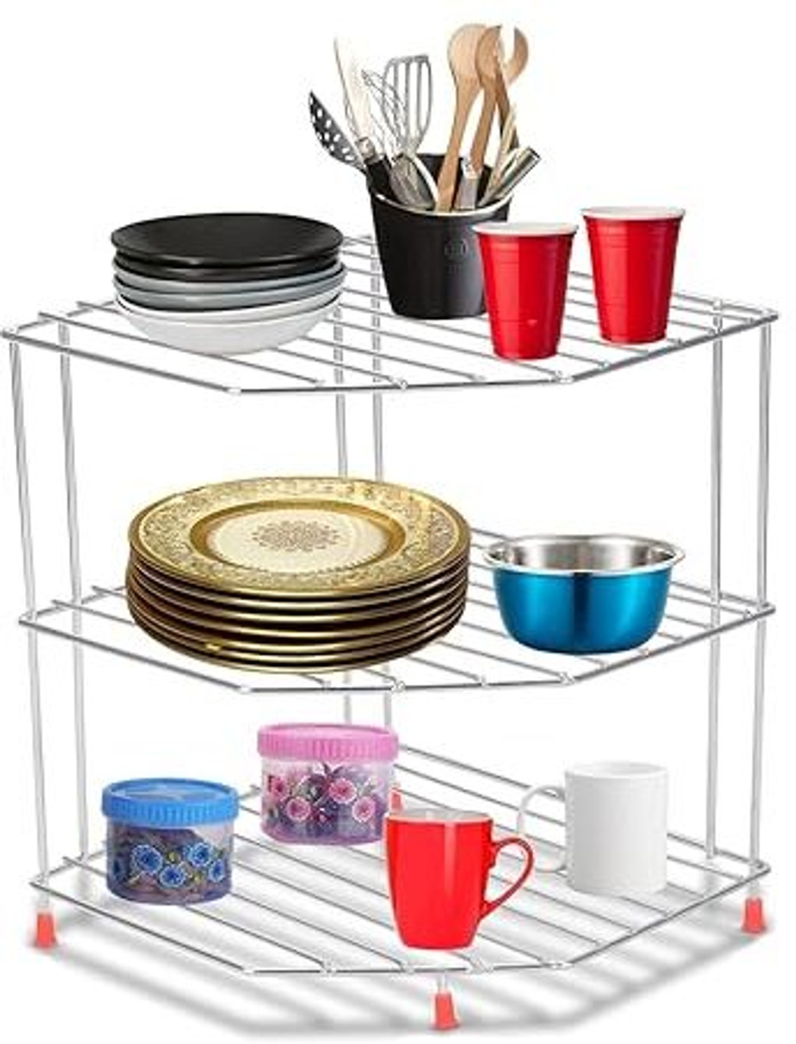 Image of PALOMINO Containers Kitchen Rack Stainless Steel 3-Tier Rack for Kitchen | Plate, Bowl & Shelf Organizer Stand Steel