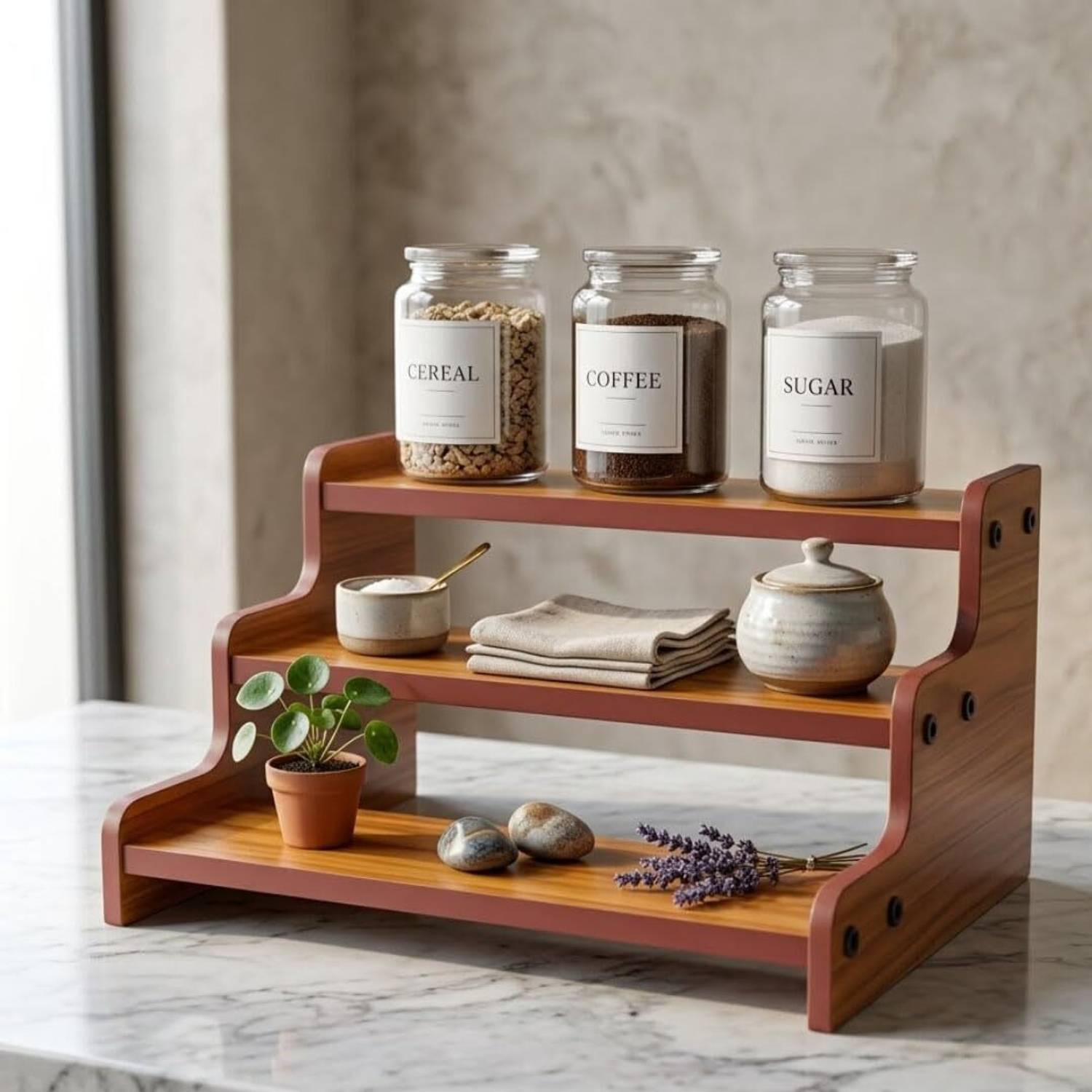 CraftOnline Utensil Kitchen Rack Wood 3 Tier Wooden Spice Jar Masala Rack Organizer for Kitchen Countertop — Spice Boxes & Masala Dabbas