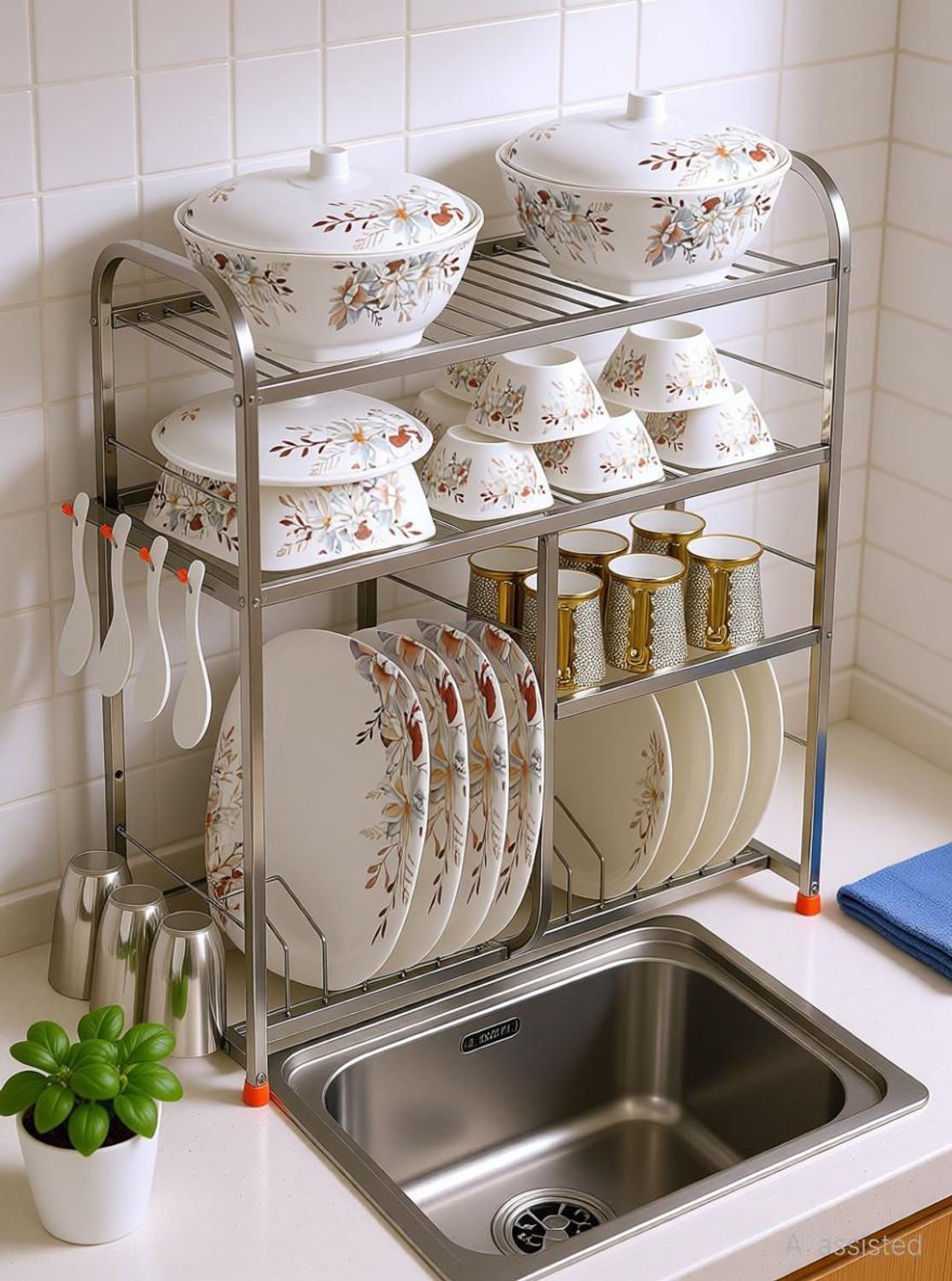 Image of IRONTECH Utensil Kitchen Rack Steel 24 x24 inch wall mount Kitchen Dish Rack Plate Cutlery Stand / Kitchen Utensils Rack / Modern Kitchen Storage Rack / Kitchen Organizer / Utensils Rack with Plate & Cutlery Stand