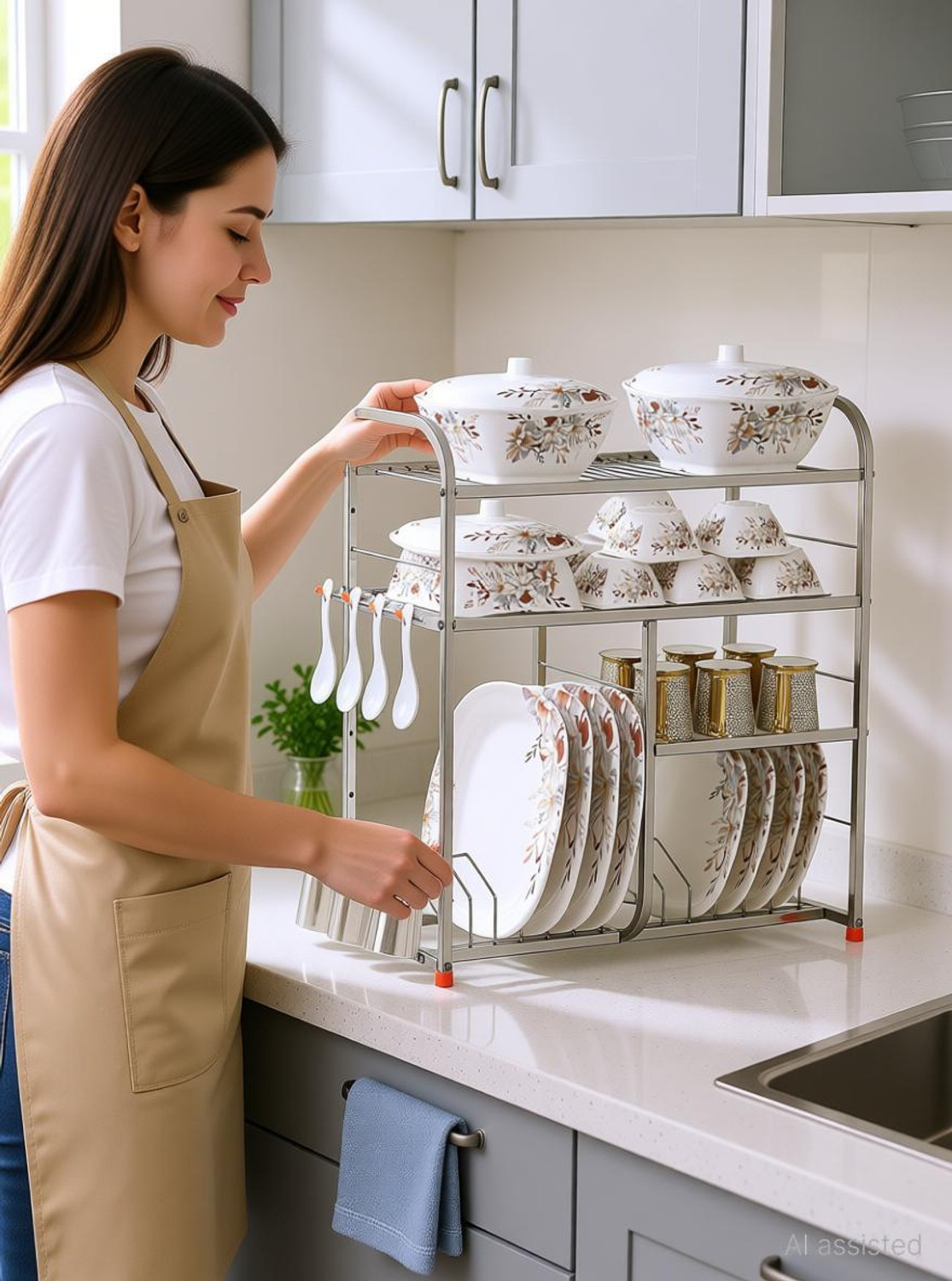 Image of IRONTECH Utensil Kitchen Rack Steel 24 x24 inch wall mount Kitchen Dish Rack Plate Cutlery Stand / Kitchen Utensils Rack / Modern Kitchen Storage Rack / Kitchen Organizer / Utensils Rack with Plate & Cutlery Stand