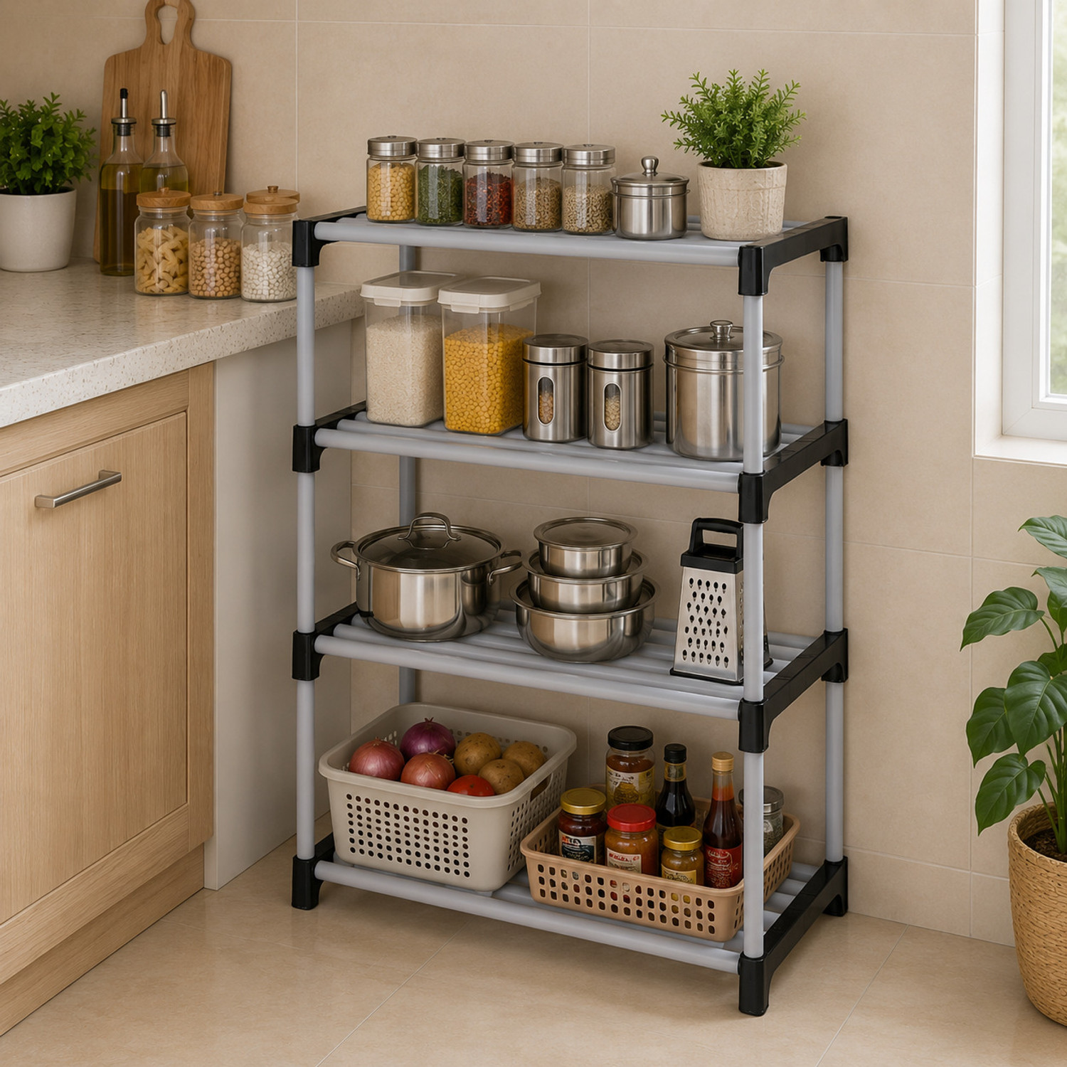Image of kaiser store Containers Kitchen Rack Multipurpose 4 Tier Plastic Rack Plastic