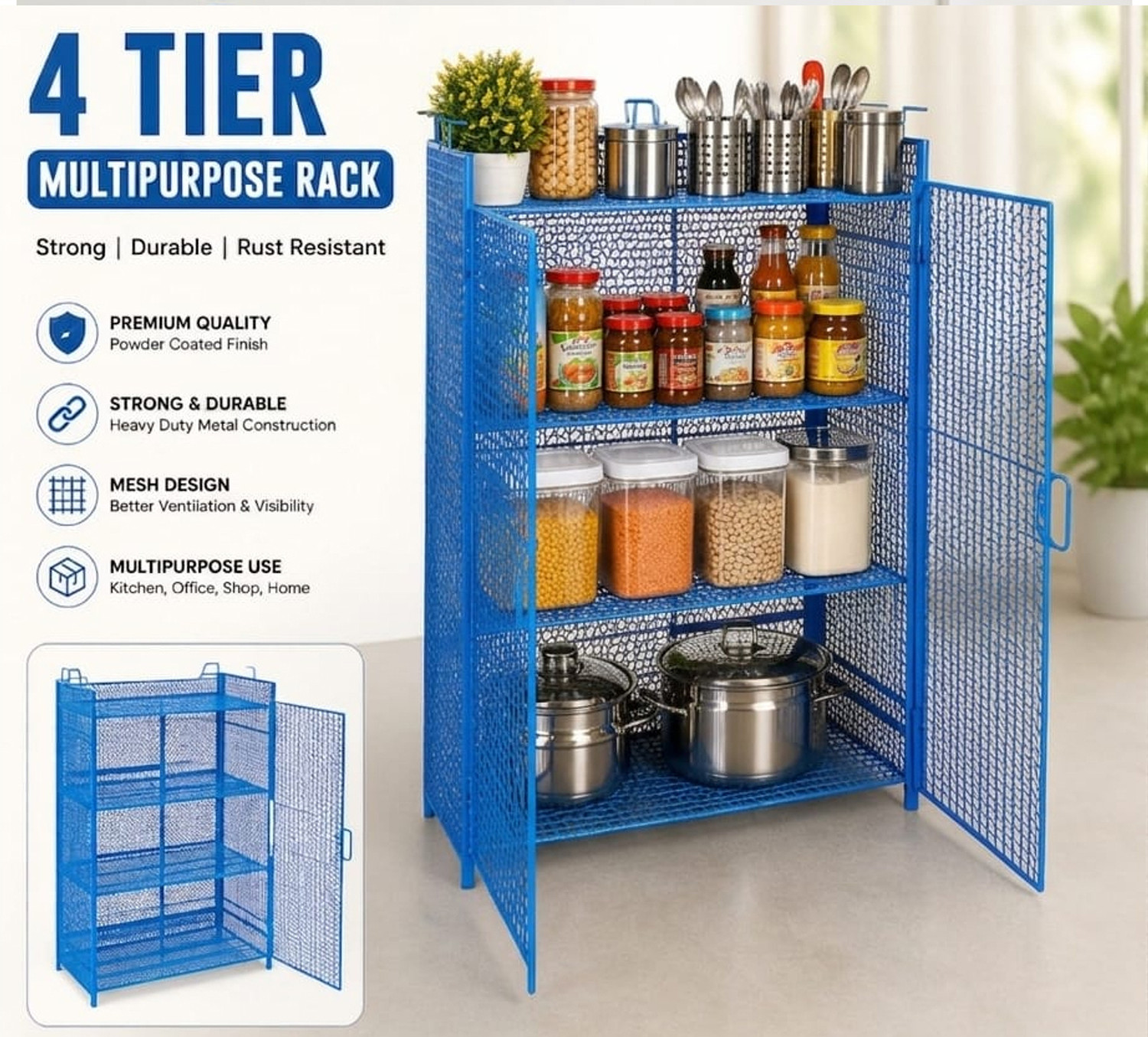 Image of Unityenterprise Fruits /Vegetables Kitchen Rack Metal Mesh Storage Cabinet 4 Layer Storage Rack (Blue) Steel
