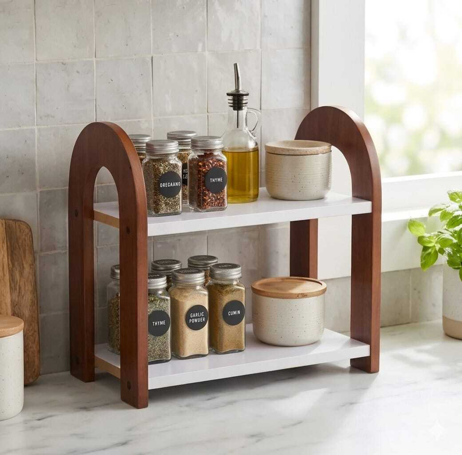 Image of Firebees Containers Kitchen Rack Wood 2 Tier Kitchen Spice Rack Organizer for Countertop