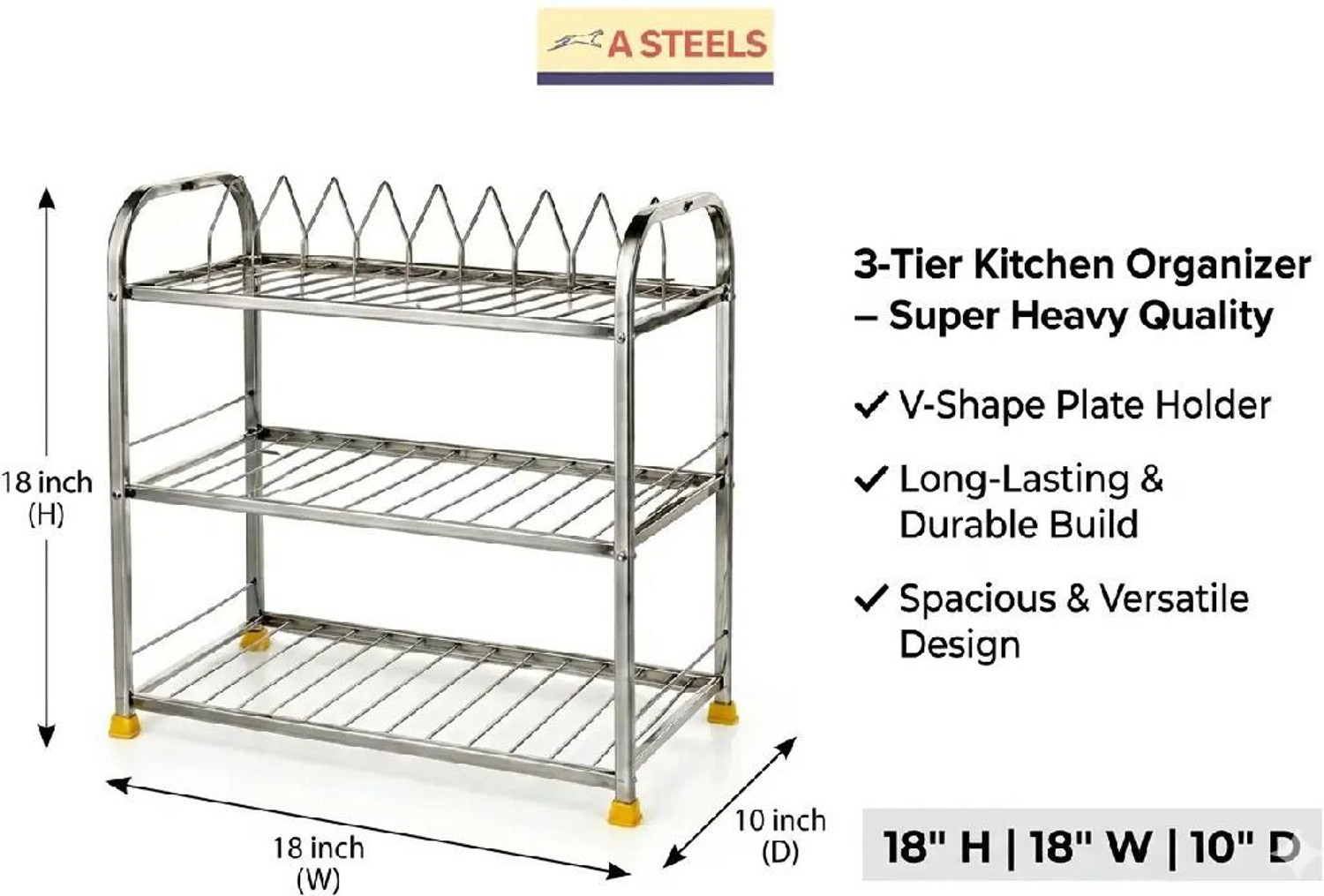 Image of ASTEEL Utensil Kitchen Rack Steel 18*18 inch utensil Bartan rack