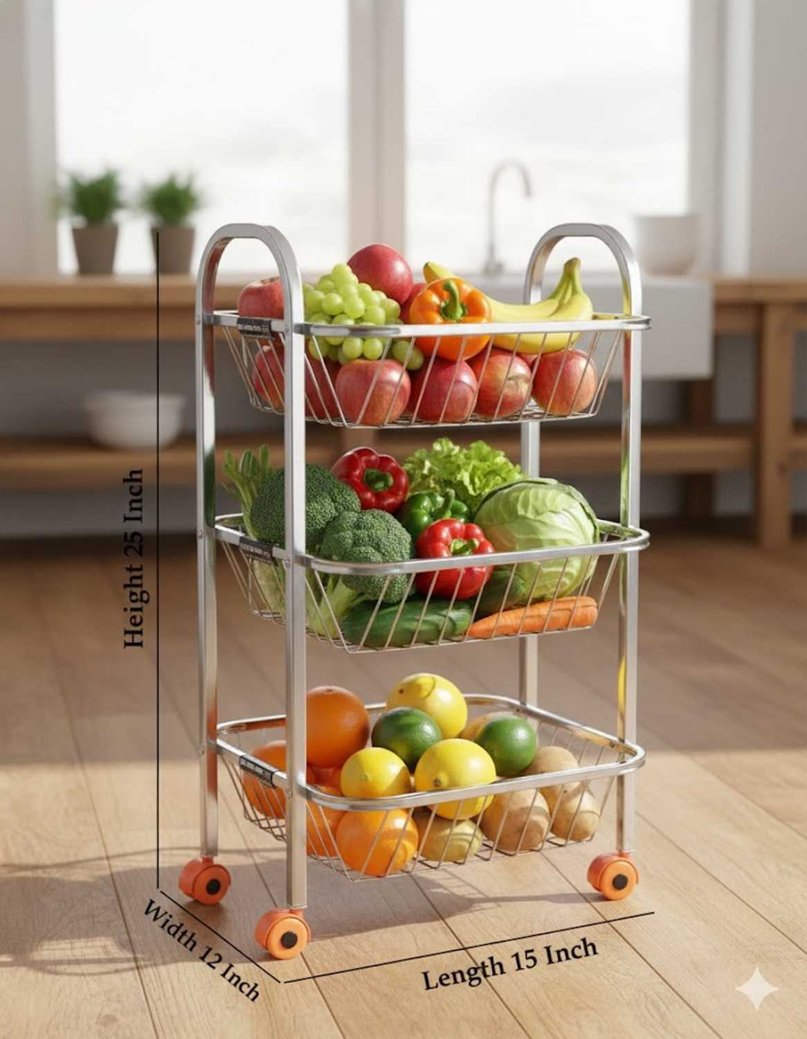 Image of About Storage Fruits /Vegetables Kitchen Rack Steel Stainless Steel Fruit & Vegetable Stand for Kitchen 3 Layer