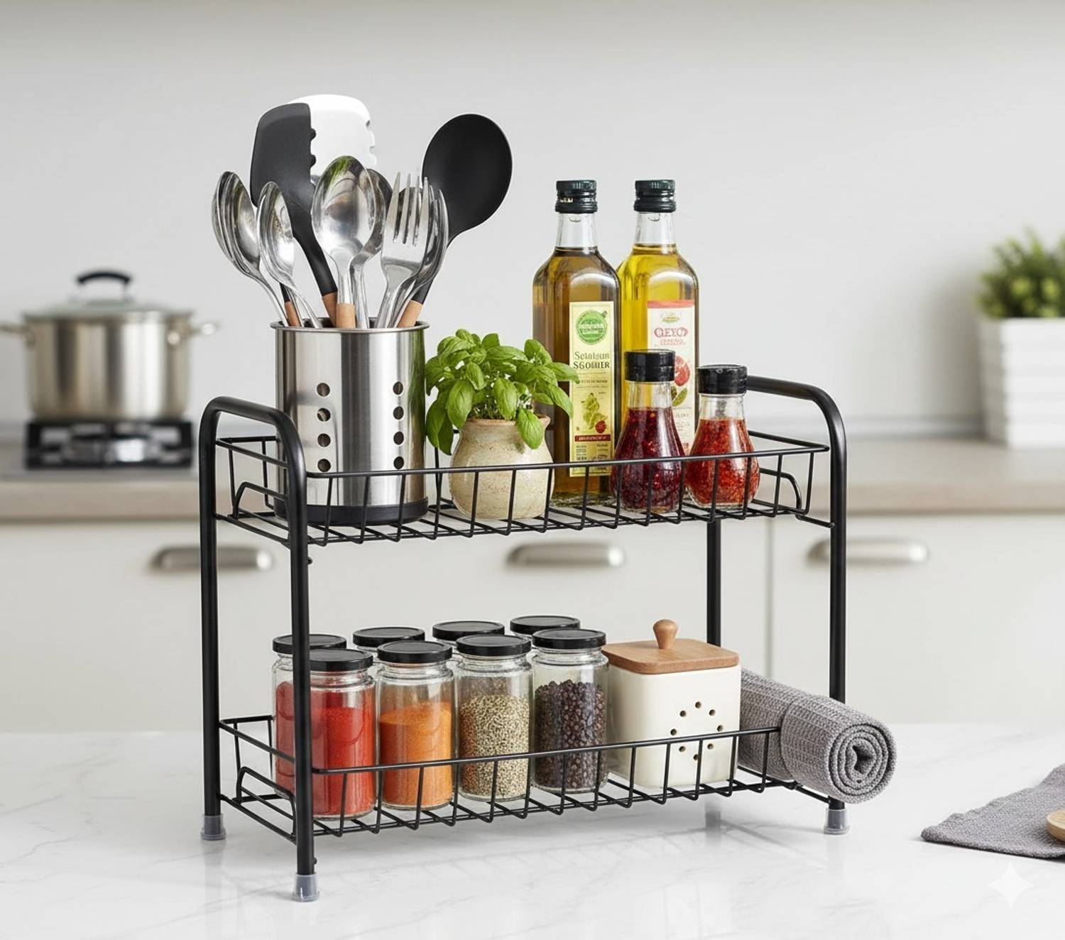 JAISHTEC Containers Kitchen Rack Iron 2-Tier Kitchen Organizer Countertop Storage Rack for Utensils, Dishes & Plates — Kitchen Organizers & Racks