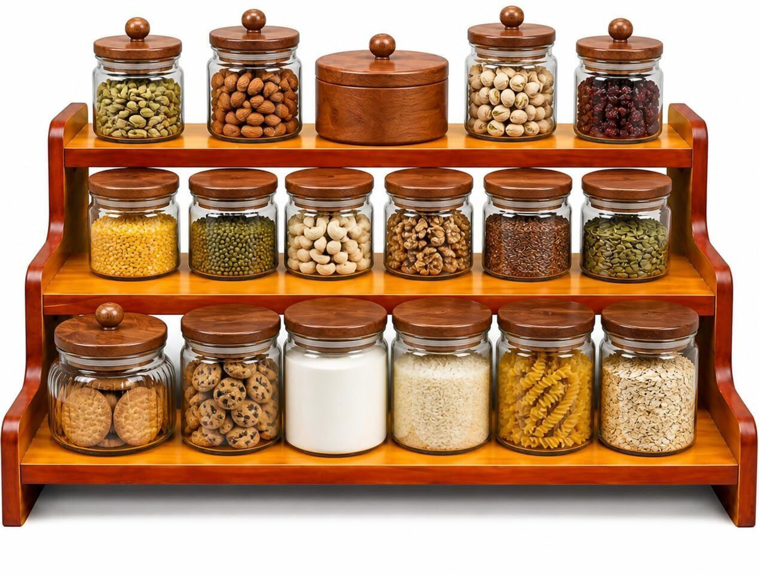 Image of LIXERA Containers Kitchen Rack Wood Wooden 3 Tier Kitchen Organizer Rack for Countertop