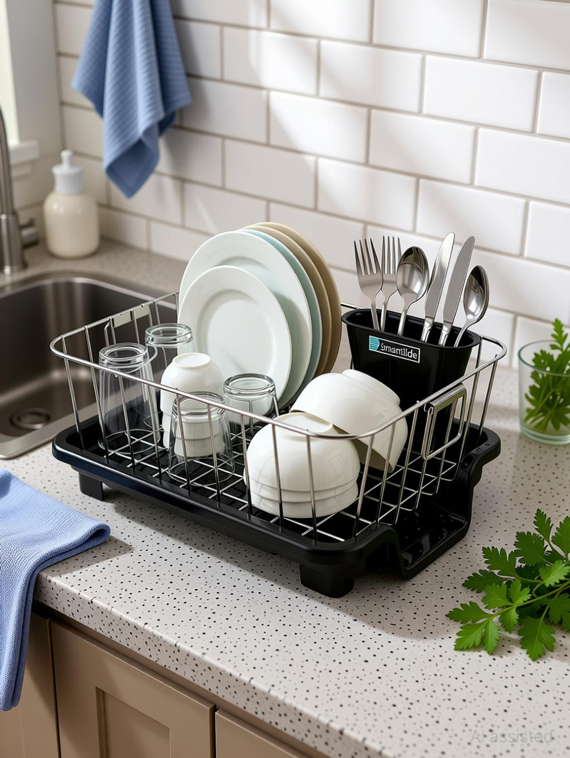 Image of Smartslide Dish Drainer Kitchen Rack Steel Dish Drainer with tray and Cutlery Holder Kitchen Dish Drying Rack for Utensils