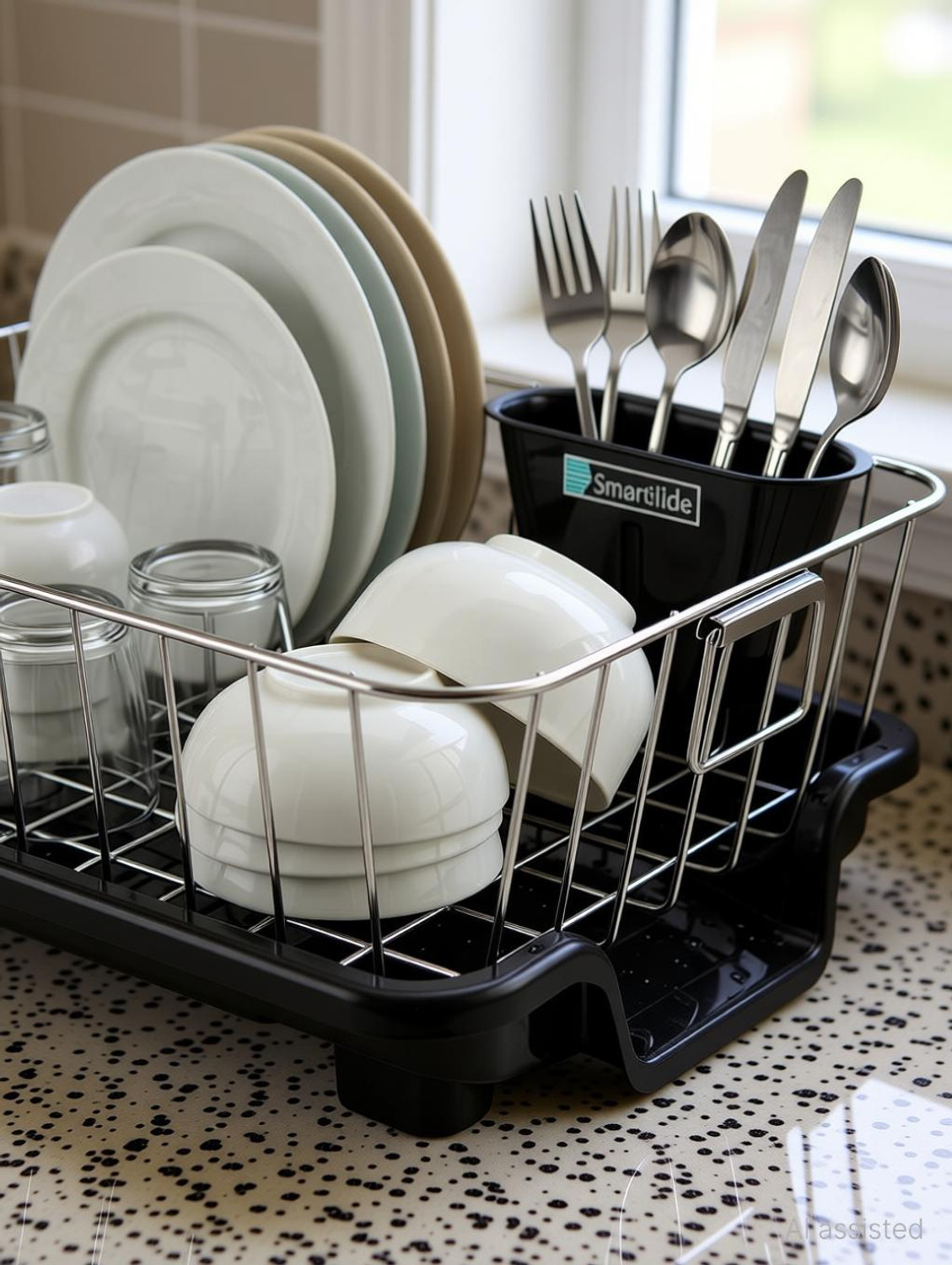 Image of Smartslide Dish Drainer Kitchen Rack Steel Dish Drainer with tray and Cutlery Holder Kitchen Dish Drying Rack for Utensils