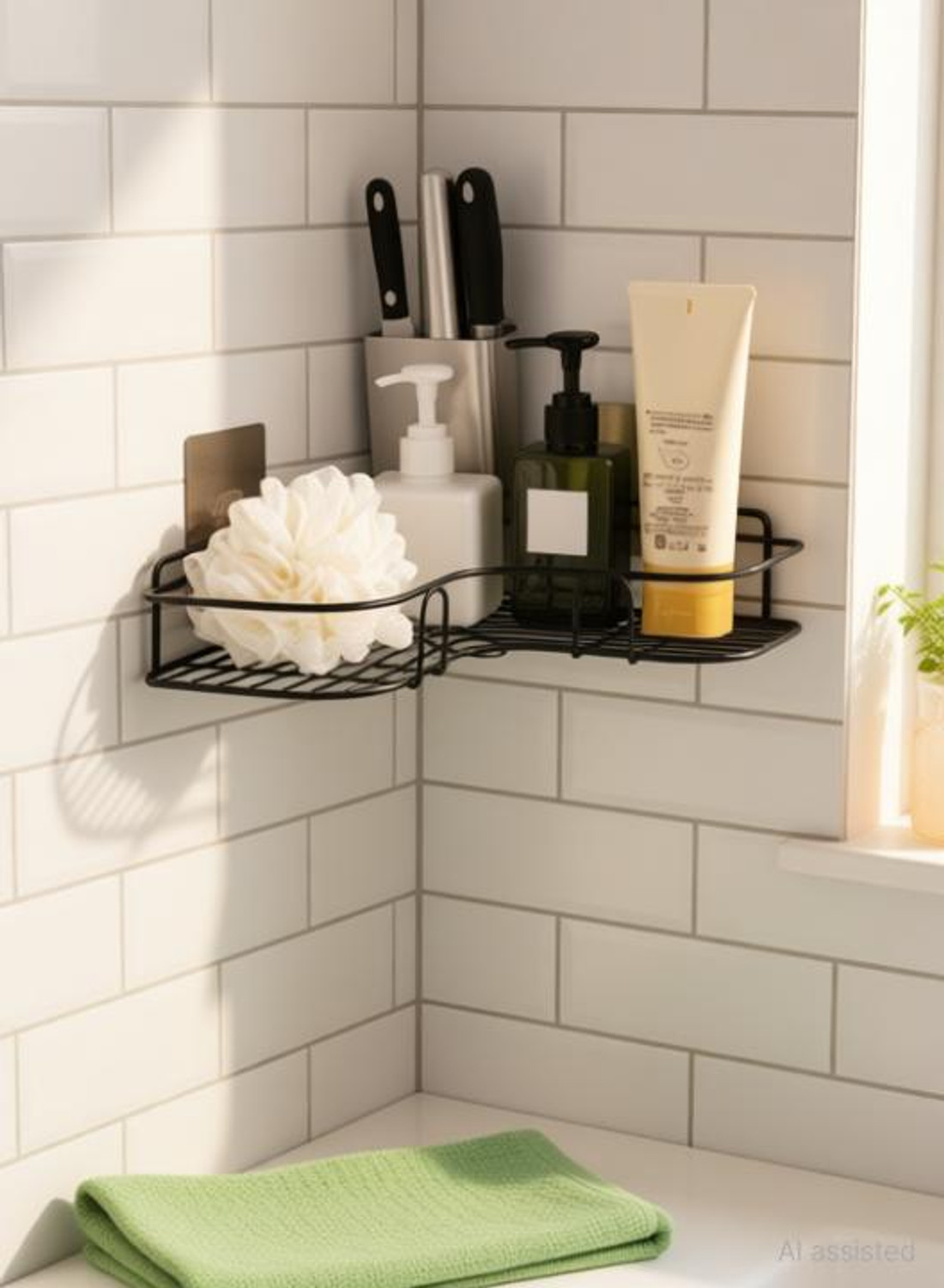 Image of Jiffy Cutlery Kitchen Rack Steel Multipurpose Self Adhesive Wall-Mounted Corner Storage Rack Bathroom Shelf Organizer Kitchen Basket Cosmetic Hanging Shower Caddy Rack Stainless Steel Wall Shelf  (Number of Shelves - 1, Black)