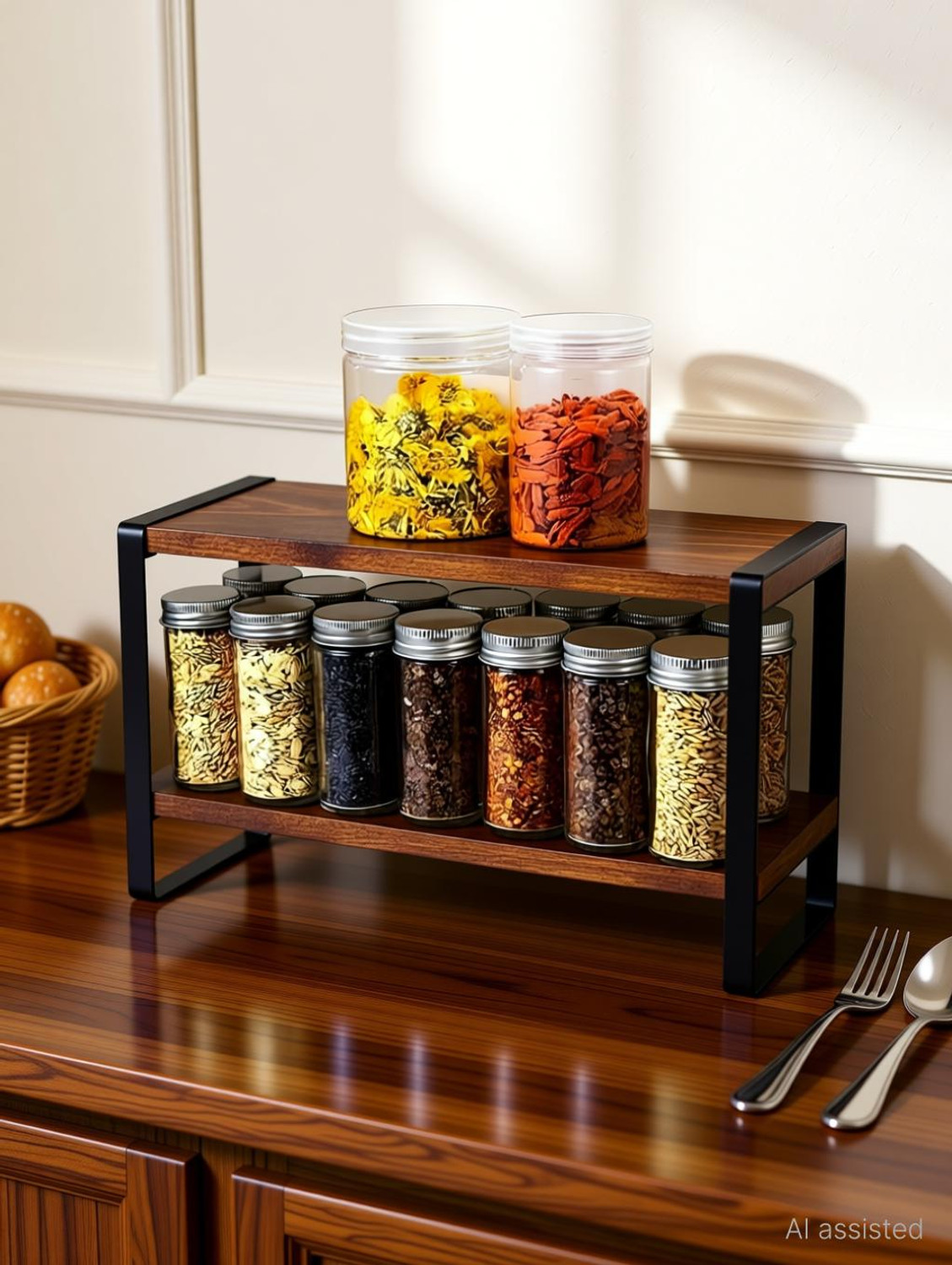 Image of RSHandicrafts Containers Kitchen Rack Wood wooden spice rack, masala rack, kitchen organizer, spice stand wooden,