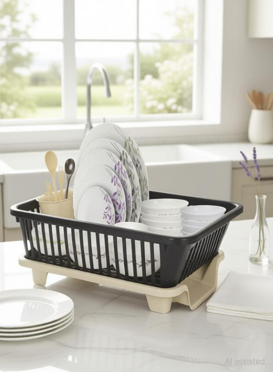 Image of MECHON Plastic 3 in 1 Large Sink Set Dish Rack Drainer with Tray for Kitchen (Black) Storage Basket