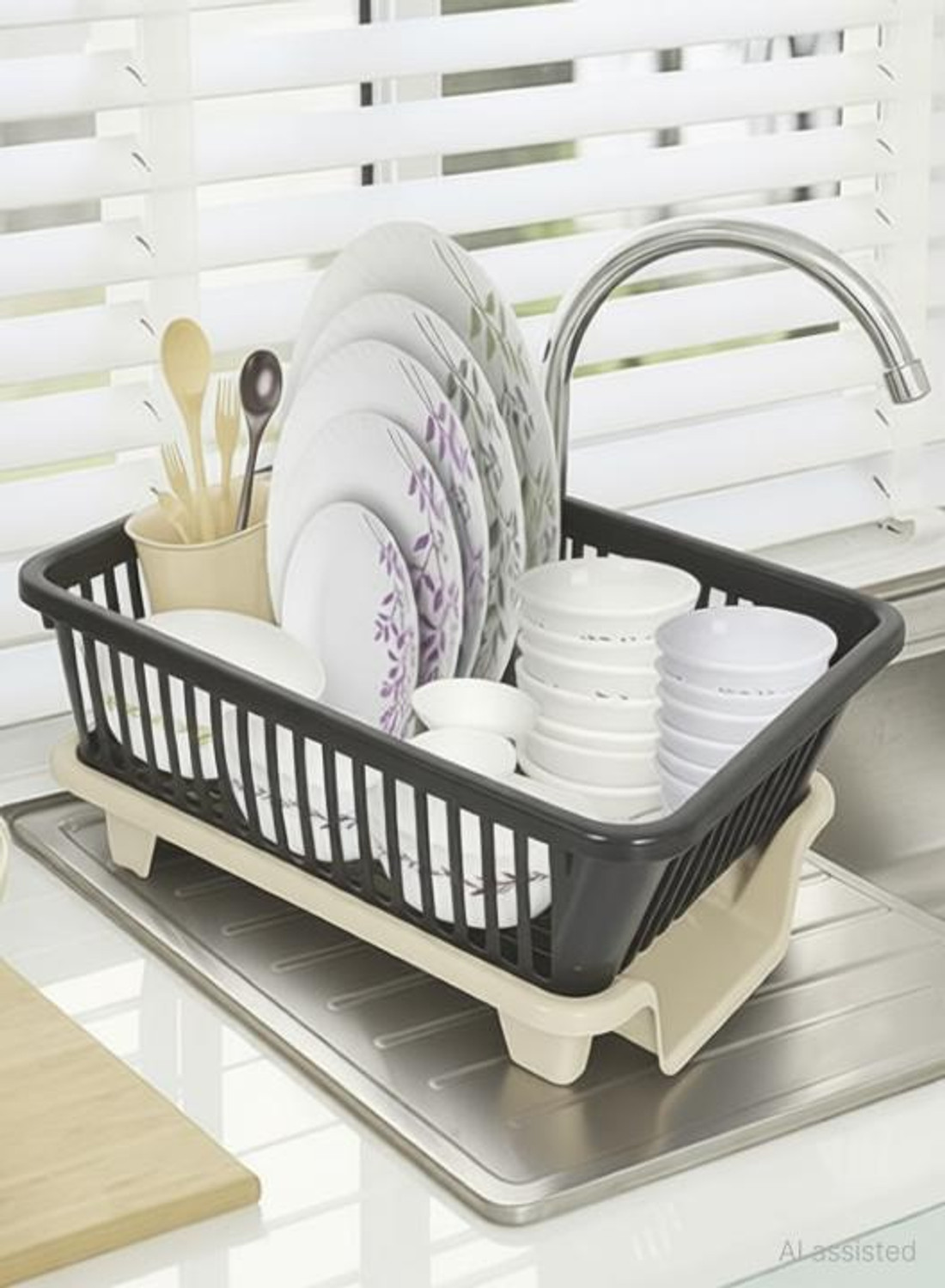 Image of MECHON Plastic 3 in 1 Large Sink Set Dish Rack Drainer with Tray for Kitchen (Black) Storage Basket