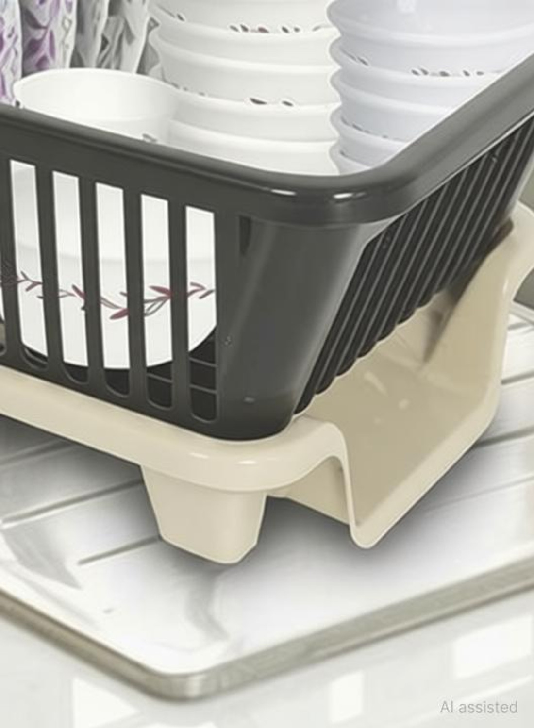 Image of MECHON Plastic 3 in 1 Large Sink Set Dish Rack Drainer with Tray for Kitchen (Black) Storage Basket