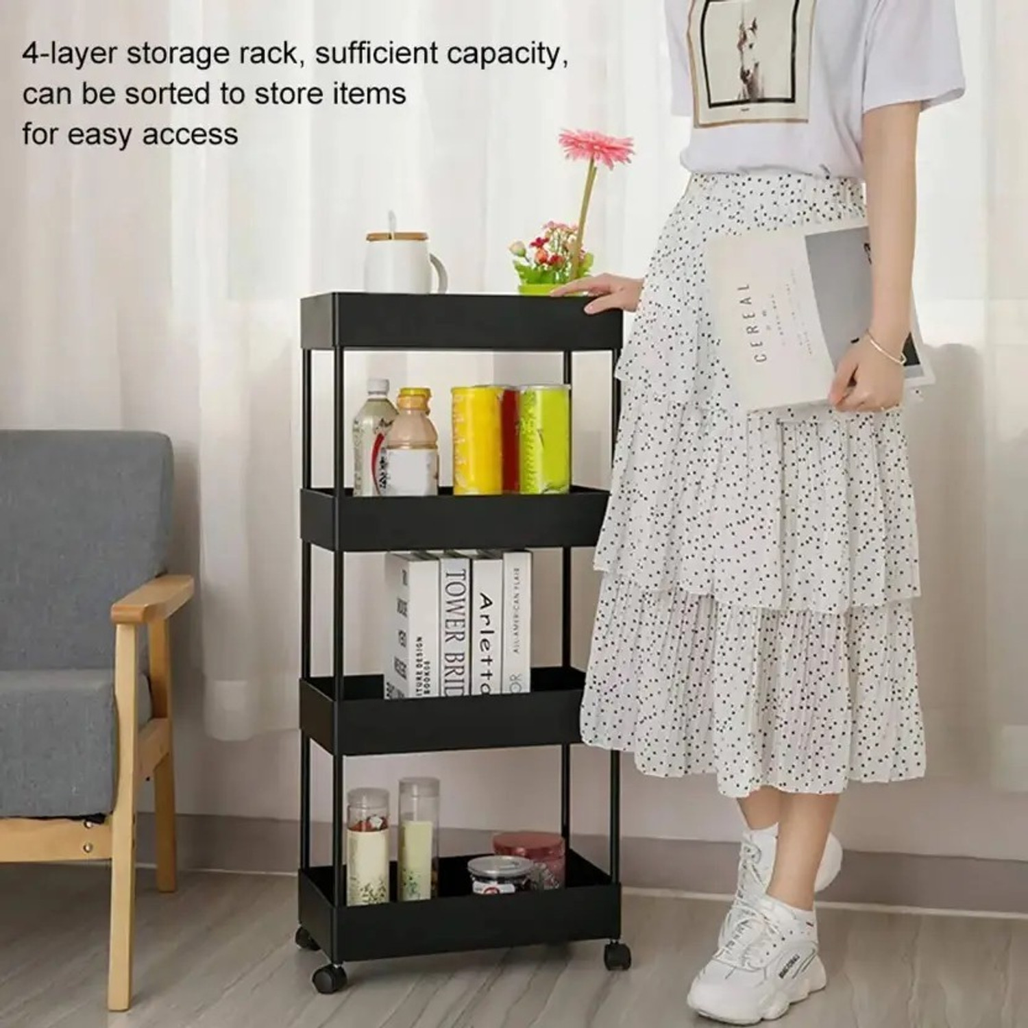 Image of KEVRIZ 4 Compartments Plastic Slim Rack Shelf with Wheels-Plastic Trays with Stainless Steel Storage Trolly